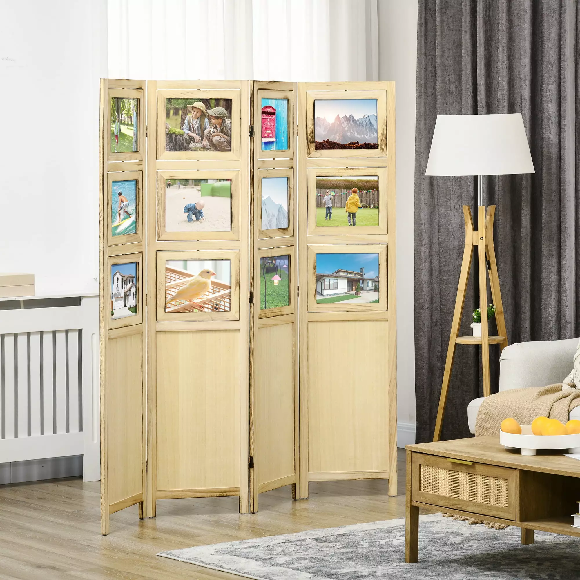 HOMCOM 4 Panel Room Divider Folding Privacy Screen Natural Wood Freestanding Partition
