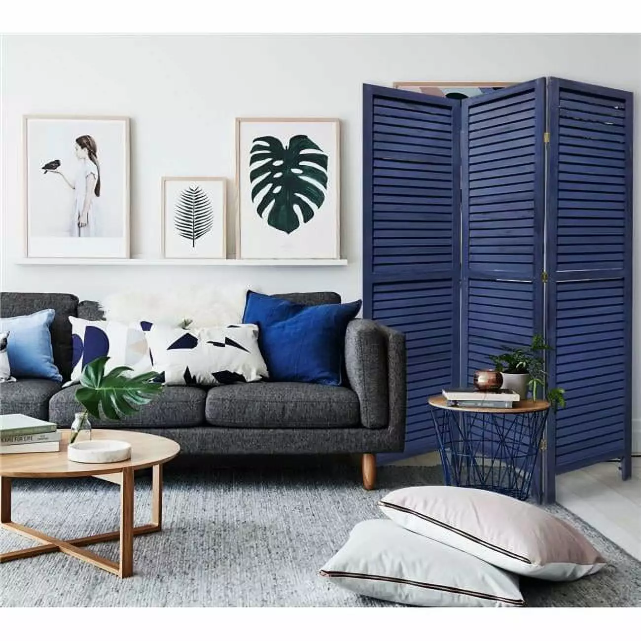 3 Panel Shutter Screen Dark Blue Stylish Room Partition Jagged Designs