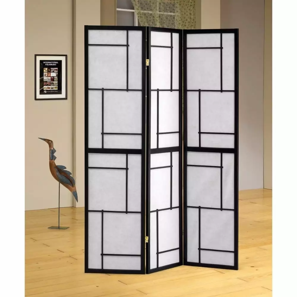 Monarch Specialties Damis 3-Panel Folding Floor Screen Black And White Room Divider