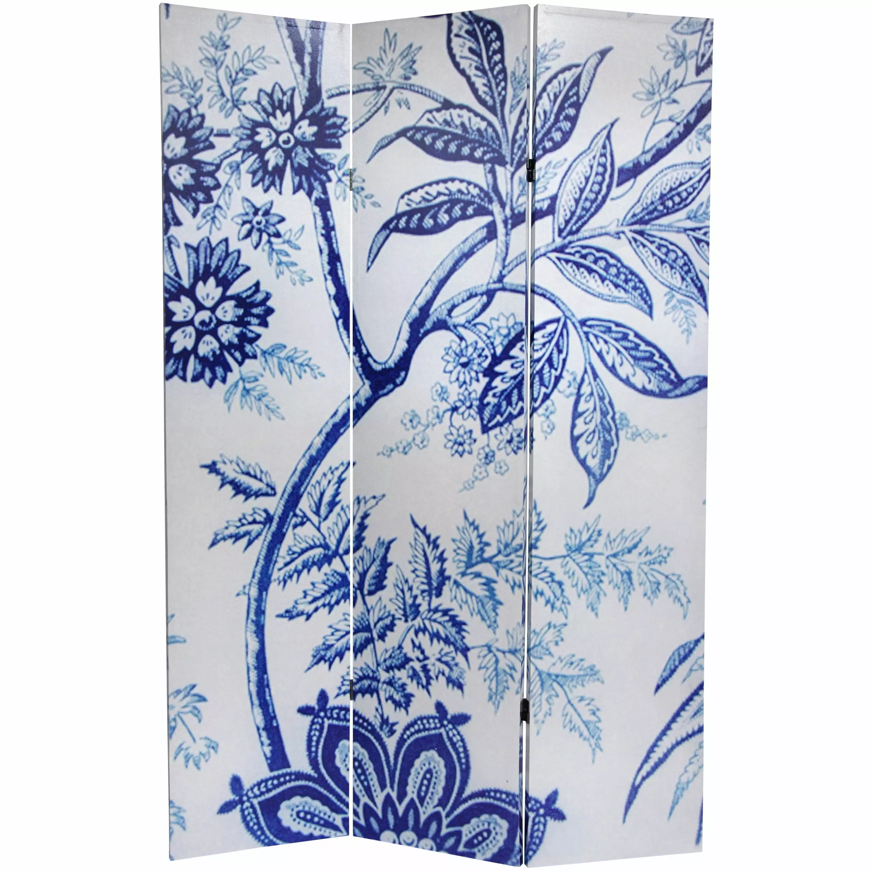 6 ft. Tall Blue Toile Canvas Print Folding Screen Room Divider - 3 Panel Decorative Partition Oriental Furniture