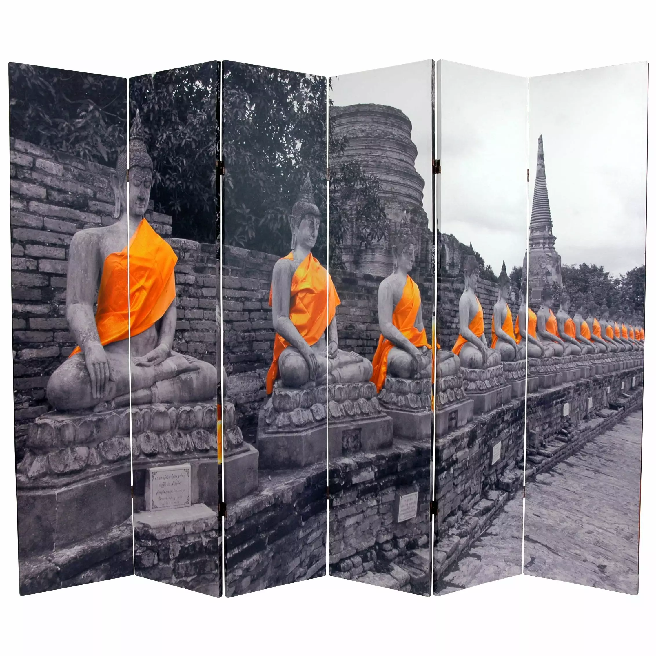 6 ft Tall Golden Buddha Canvas Print Folding Screen Room Divider Asian Inspired Privacy Partition Oriental Furniture