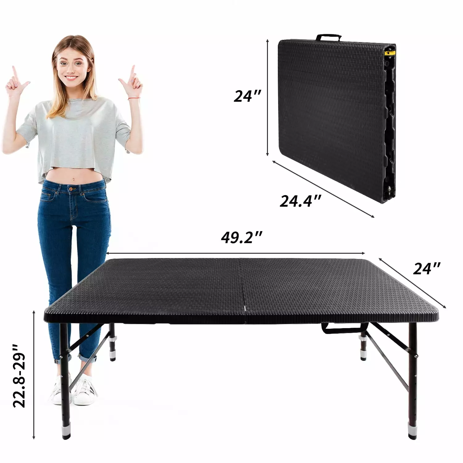 4ft Black Rattan Folding Table Portable Indoor Outdoor Foldable Plaited Table Carry Handle