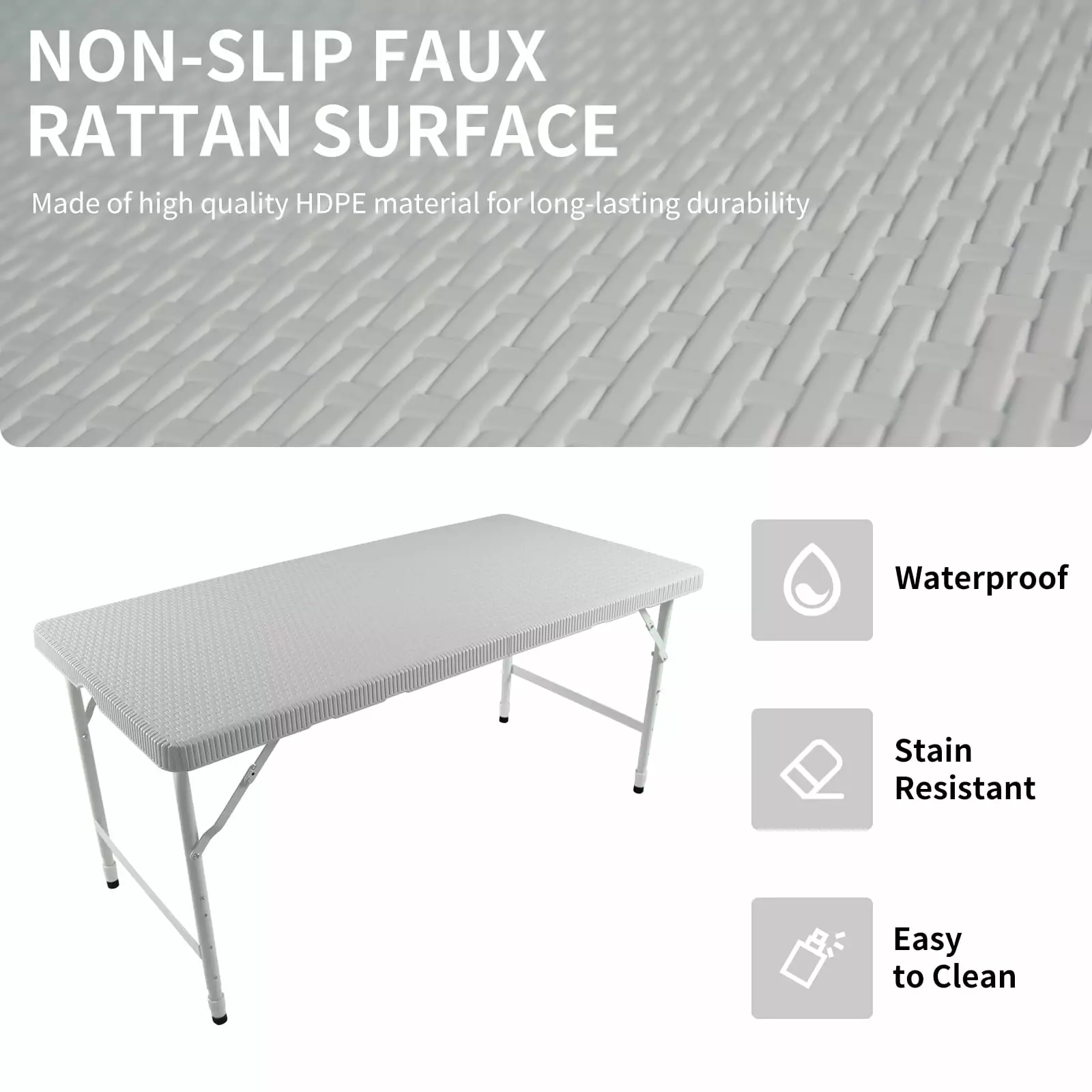4ft Portable Rattan Folding Table Indoor Outdoor Foldable Table White Plaited Design Camping Picnics