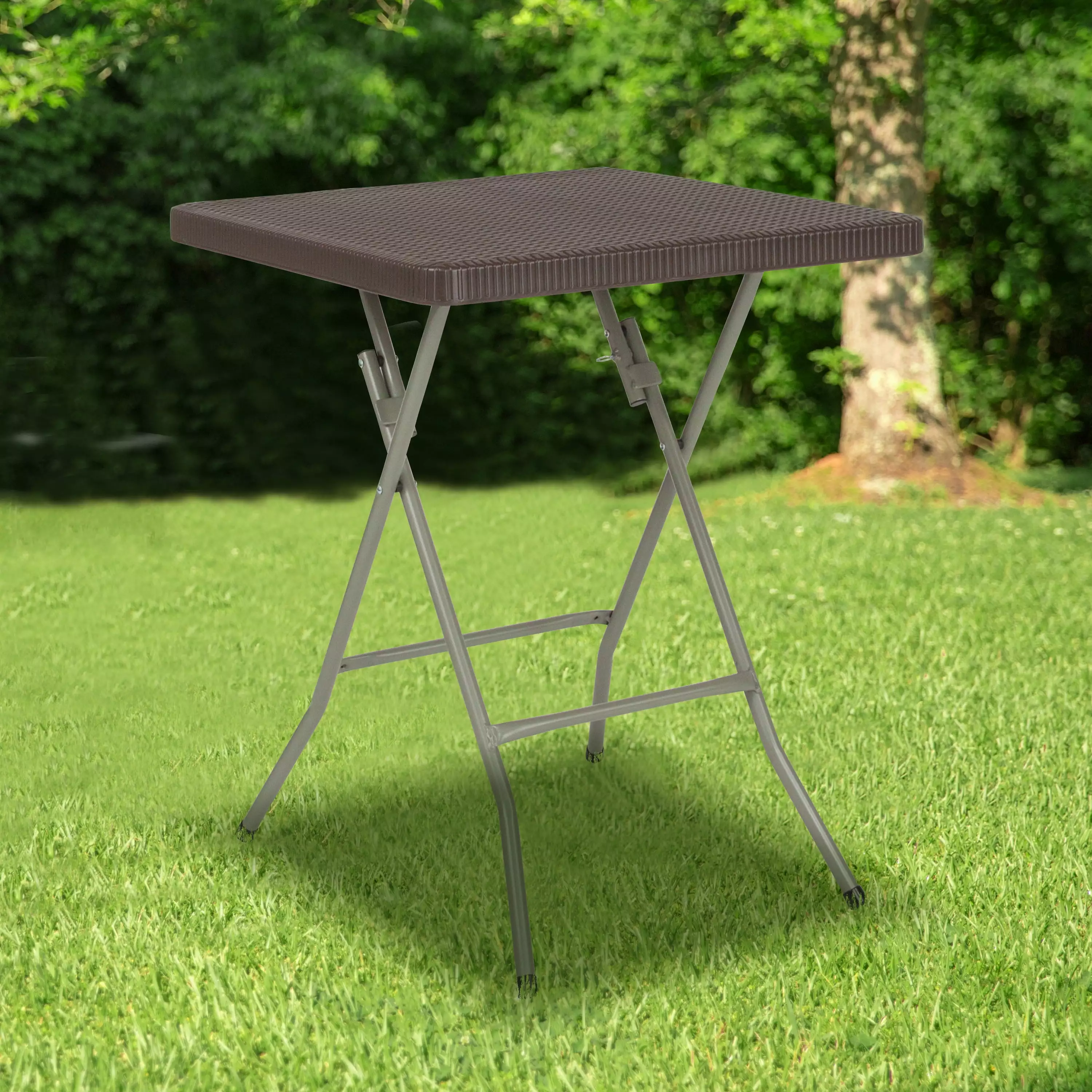 BizChair 1.95-Foot Square Brown Rattan Plastic Folding Table