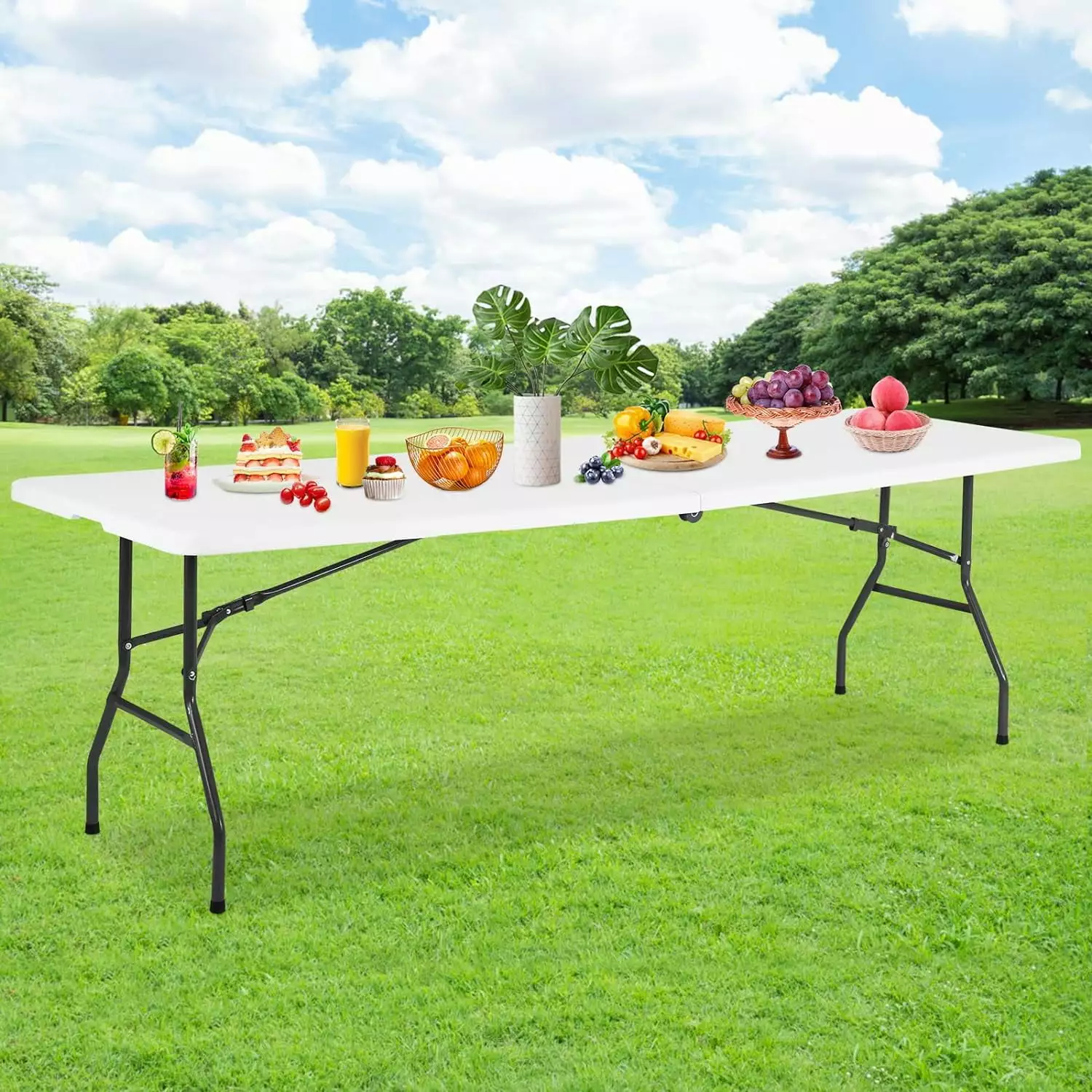 Dkelincs 8ft Portable Plastic Folding Table Carrying Handle Camping Picnic Party White