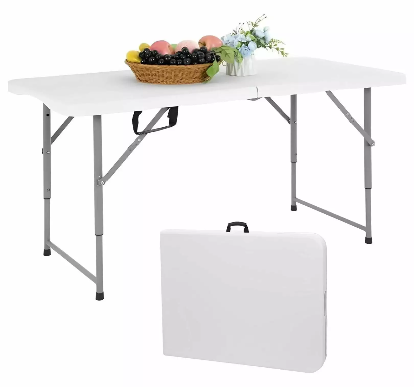 Folding Table 4 Foot Height Adjustable Heavy Duty Plastic Dining Table Indoor Outdoor Picnic Party Camping