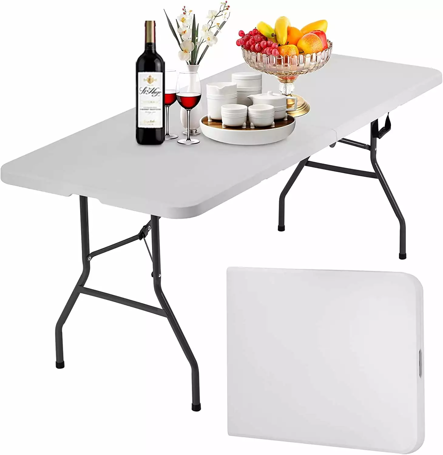 Folding Table 6 Foot Indoor Outdoor Heavy Duty Plastic Portable Fold Up Table Utility Camping Dining Party Table Easy to A...