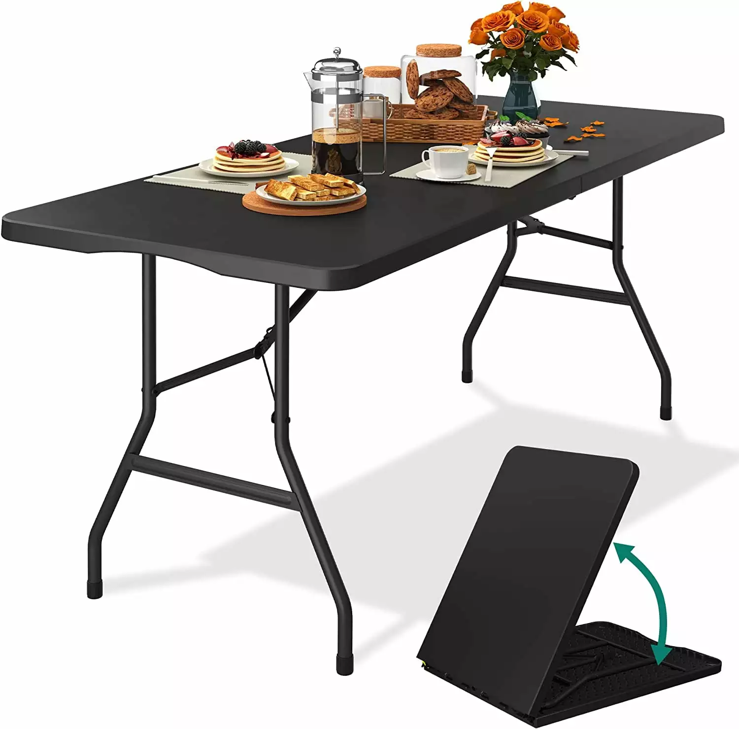 Folding Tables Heavy Duty 6ft Carrying Handle Plastic Fold up Table Outdoor Camping Picnic Parties Indoor Events Black