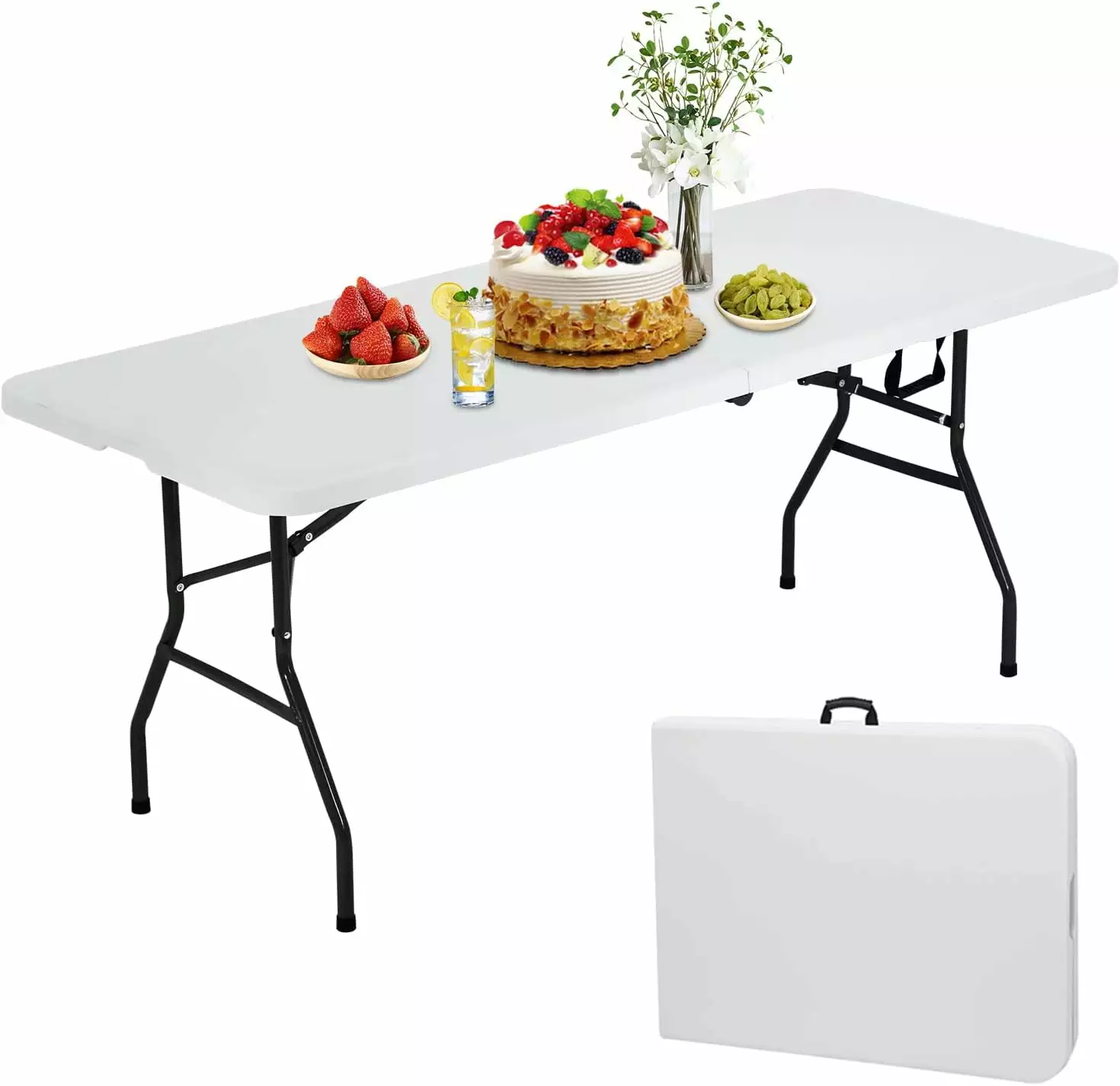 Plastic Folding Table 6ft Heavy Duty Foldable Utility Table Carrying Handle Camping Picnic BBQ Party Banquet Backyard 500L...