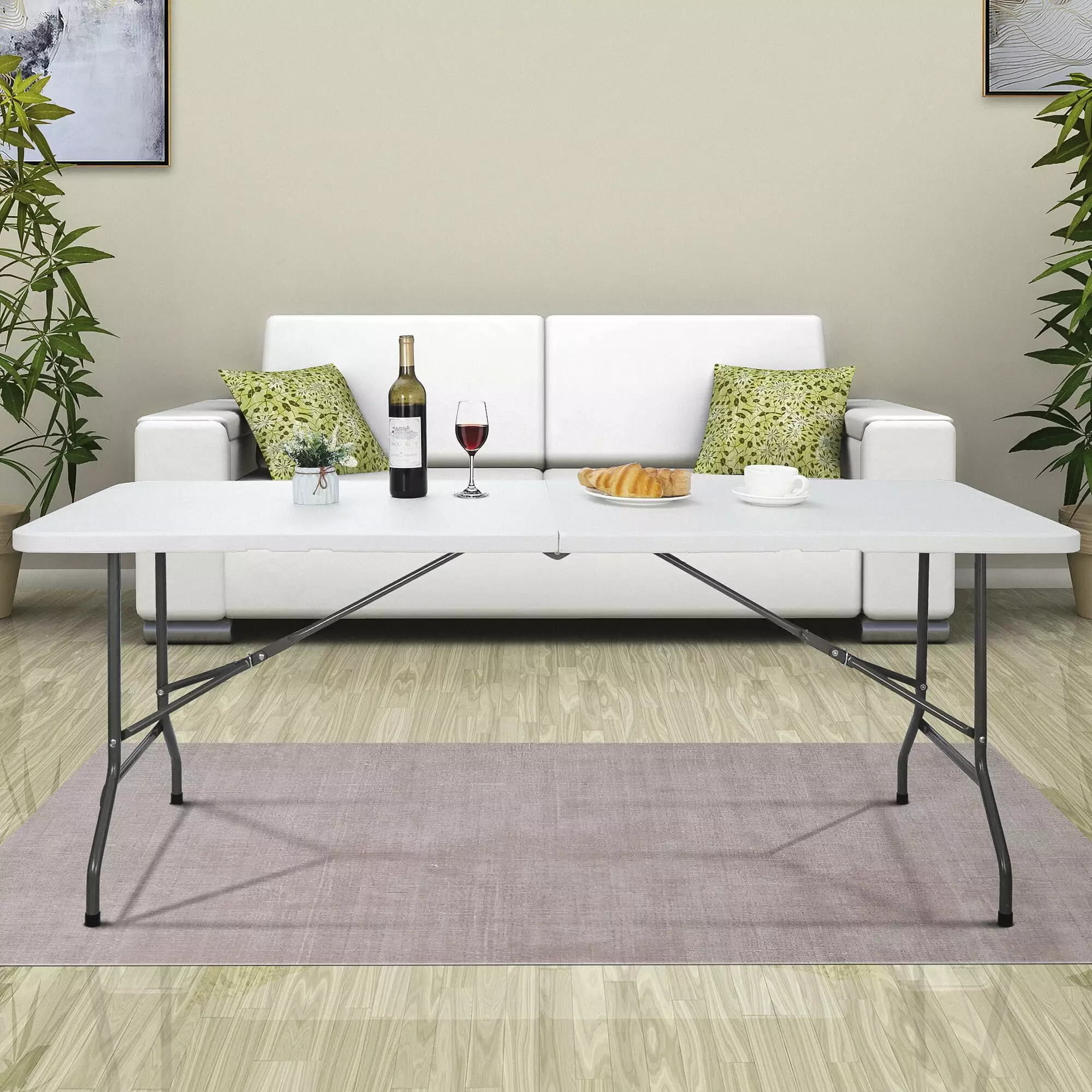 SuperDeal Rectangular 6 ft x 2.3 ft Folding Table Dining Picnic Handle White