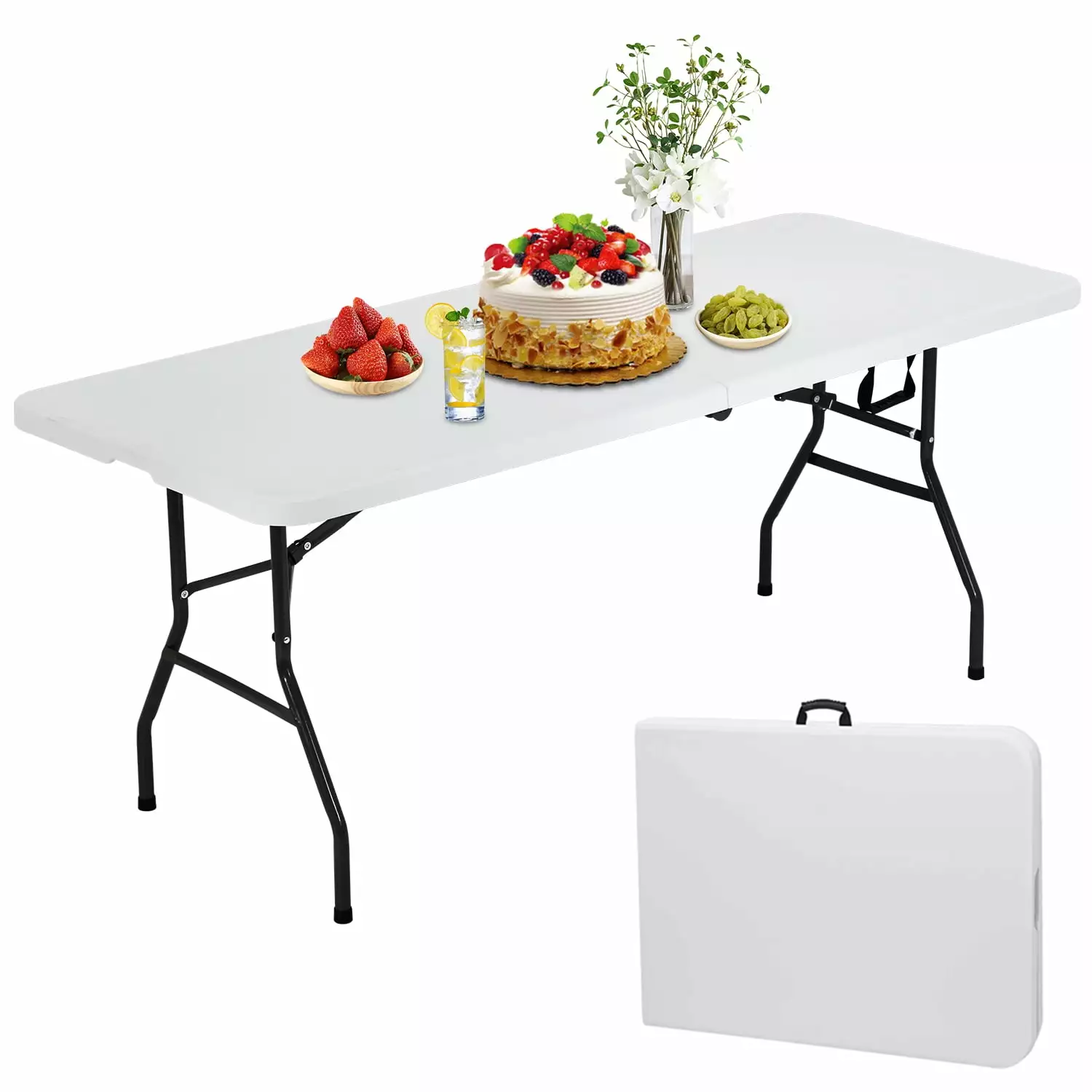 White Folding Table 6ft Portable Plastic Camping Tables that Fold Up Lightweight Picnic Handle and Steel Legs