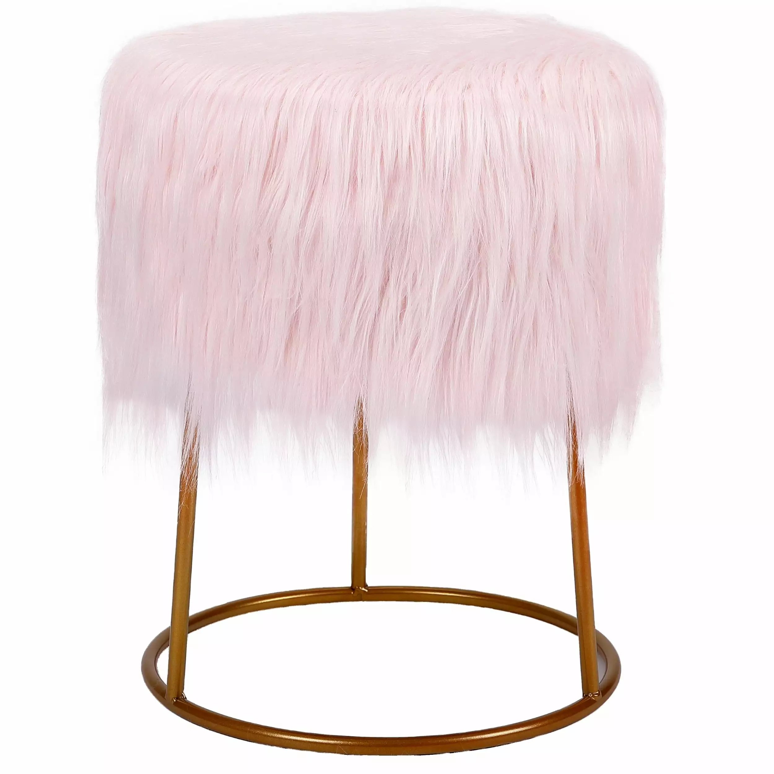 BirdRock Home Round Pink Faux Fur Foot Stool Storage Ottoman Pale Gold Legs Bedroom Ottomans