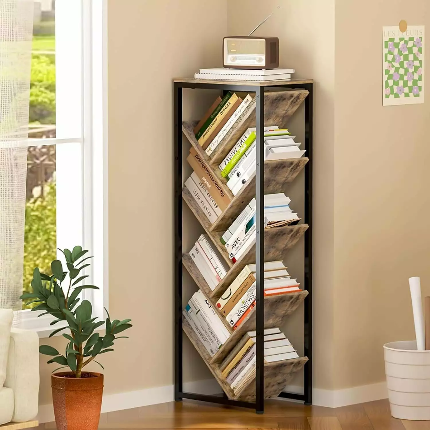 9 Tier Tree Bookshelf Floor Standing Small Bookshelf CDs Movies Books Bedroom Living Room Small Spaces A&A Manufacturing