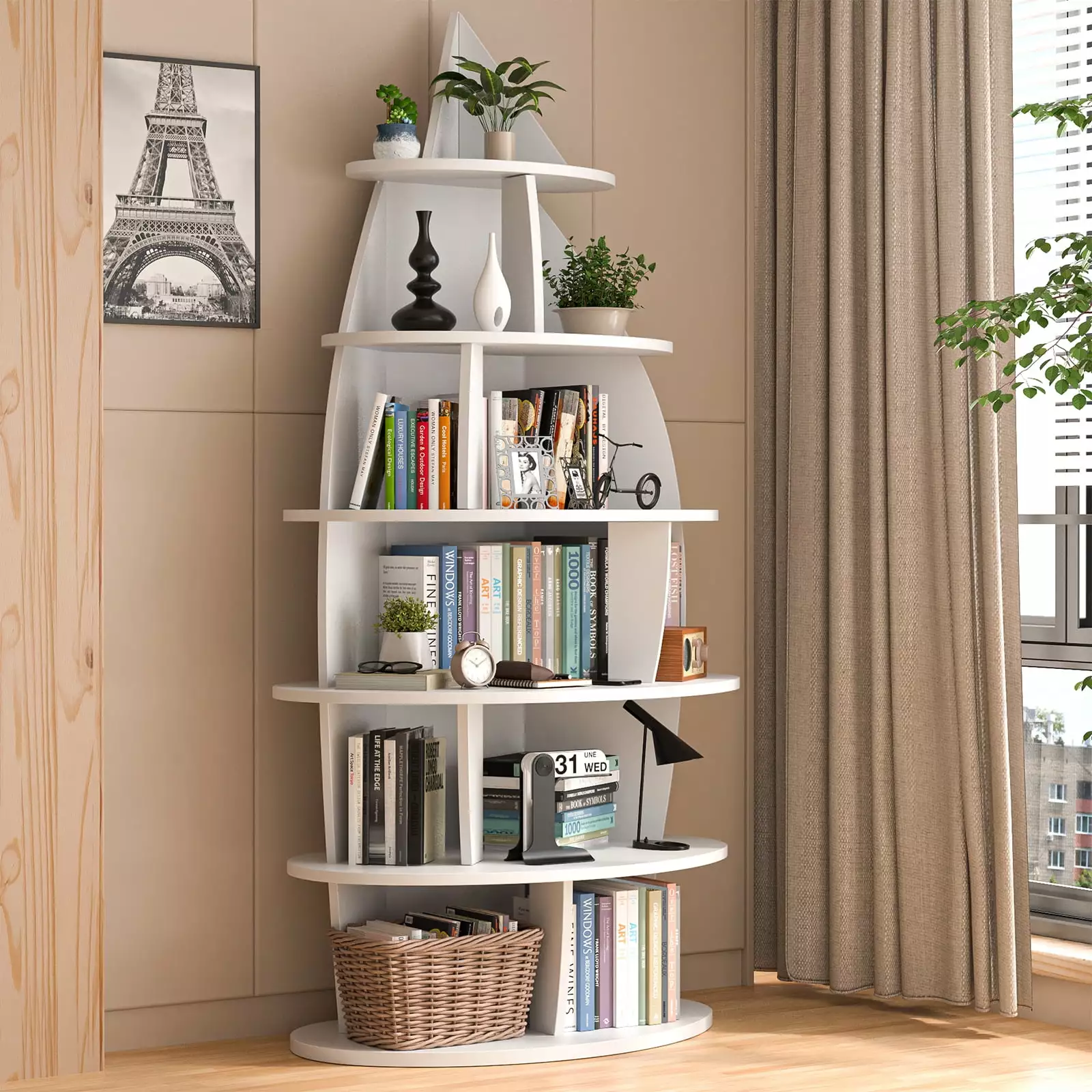 71 Tall White 6 Tier Bookshelf - 360 Degree Display Floor Standing Bookcase Storage Rack Kids & Adults - Multi-Functional ...