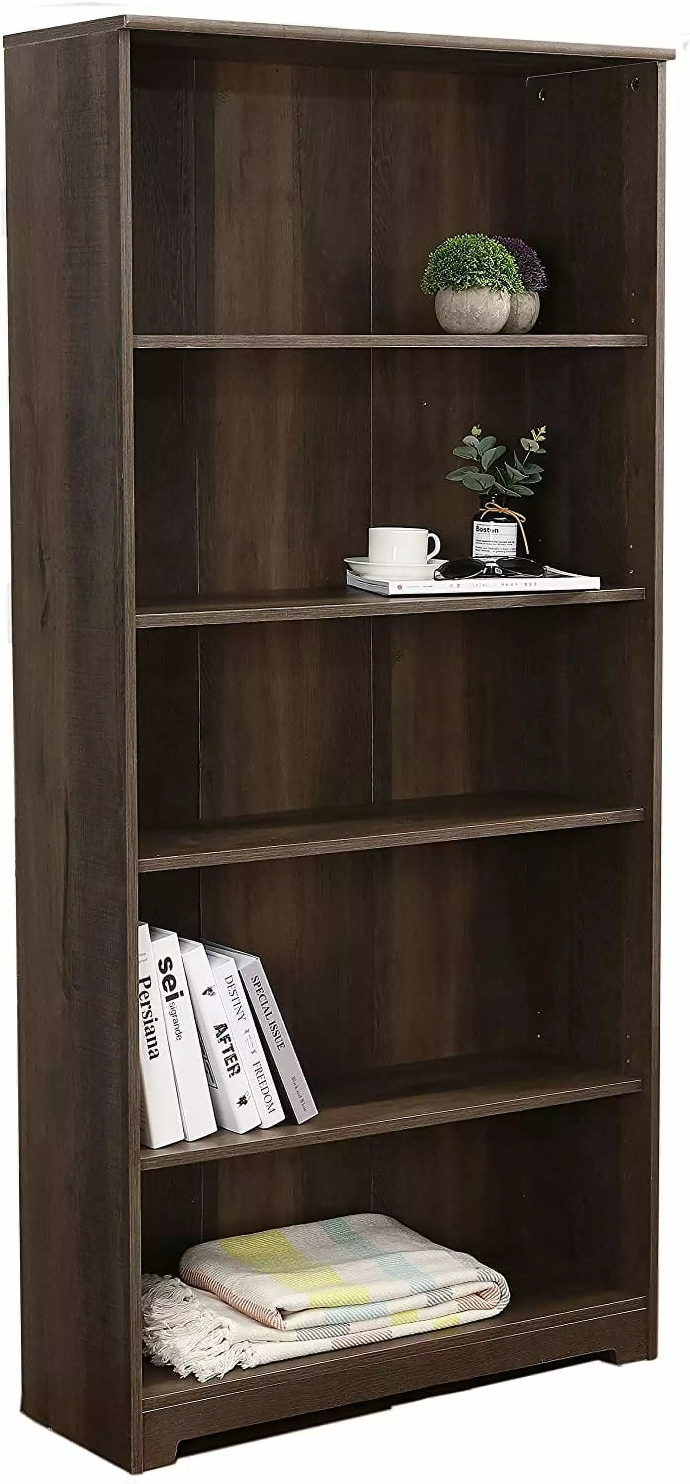 FJU 5-Shelf Bookcase Freestanding Display Wooden Open Storage Bookshelf Library Bedroom and Office Gray