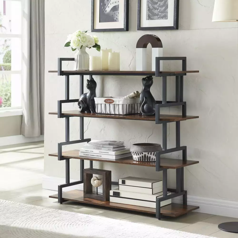 4 Tier Office Bookcase Shelf Rustic Wood Metal Bookshelves Freestanding Open Book Shelf Home Office Living Room Bedroom HALIY