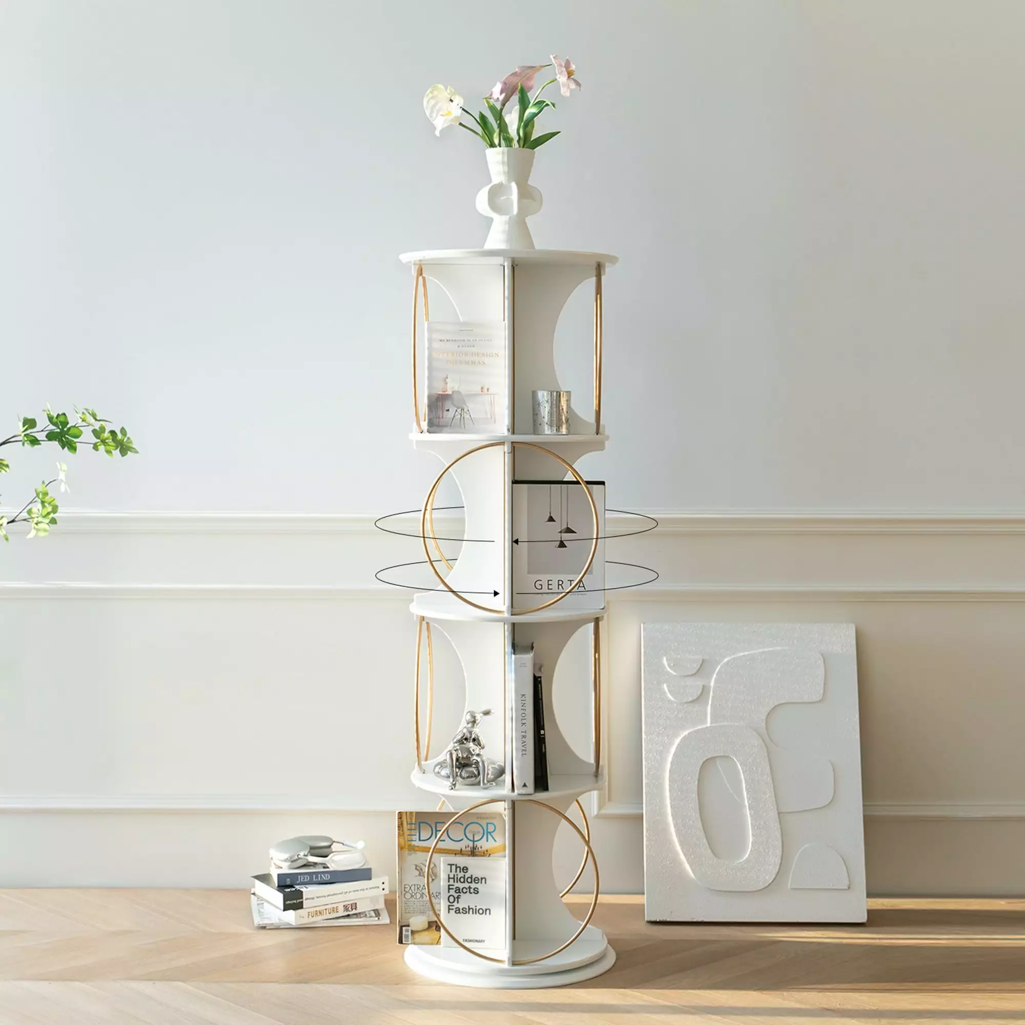IbayNawi 4 Tier Rotating Bookshelf 360 Revolving Floor-Standing Storage Display Rack White