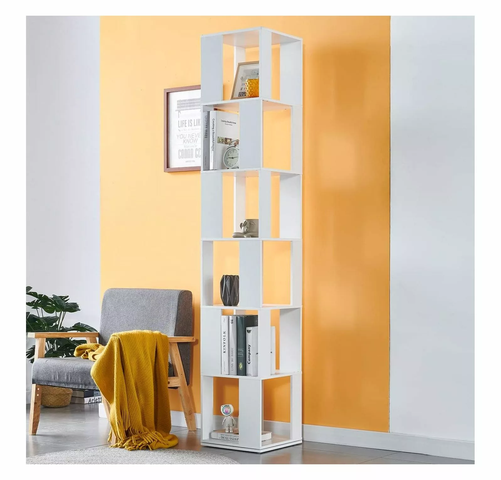 Killeryuki 6 Tier Rotating Bookshelf Tower 360 Floor Standing Revolving Bookcase White