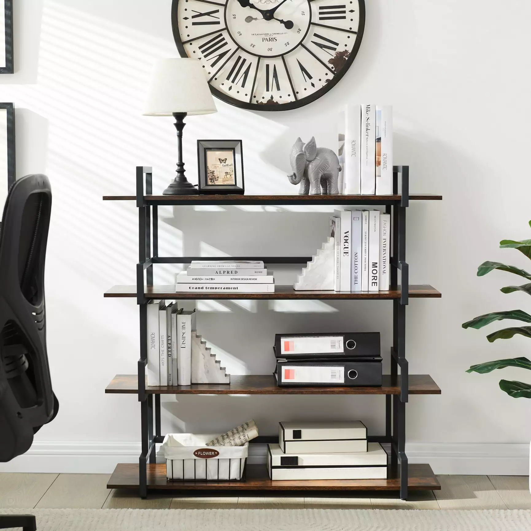 4 Tier Office Bookcase Shelf Rustic Wood Metal Bookshelves Freestanding Open Shelf Home Office Living Room Bedroom Brown v...