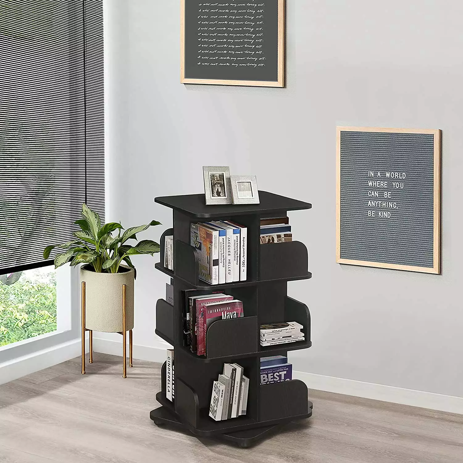 YAQININ 3-Tier Revolving Bookcase Bookshelf Black Media Storage Cabinet
