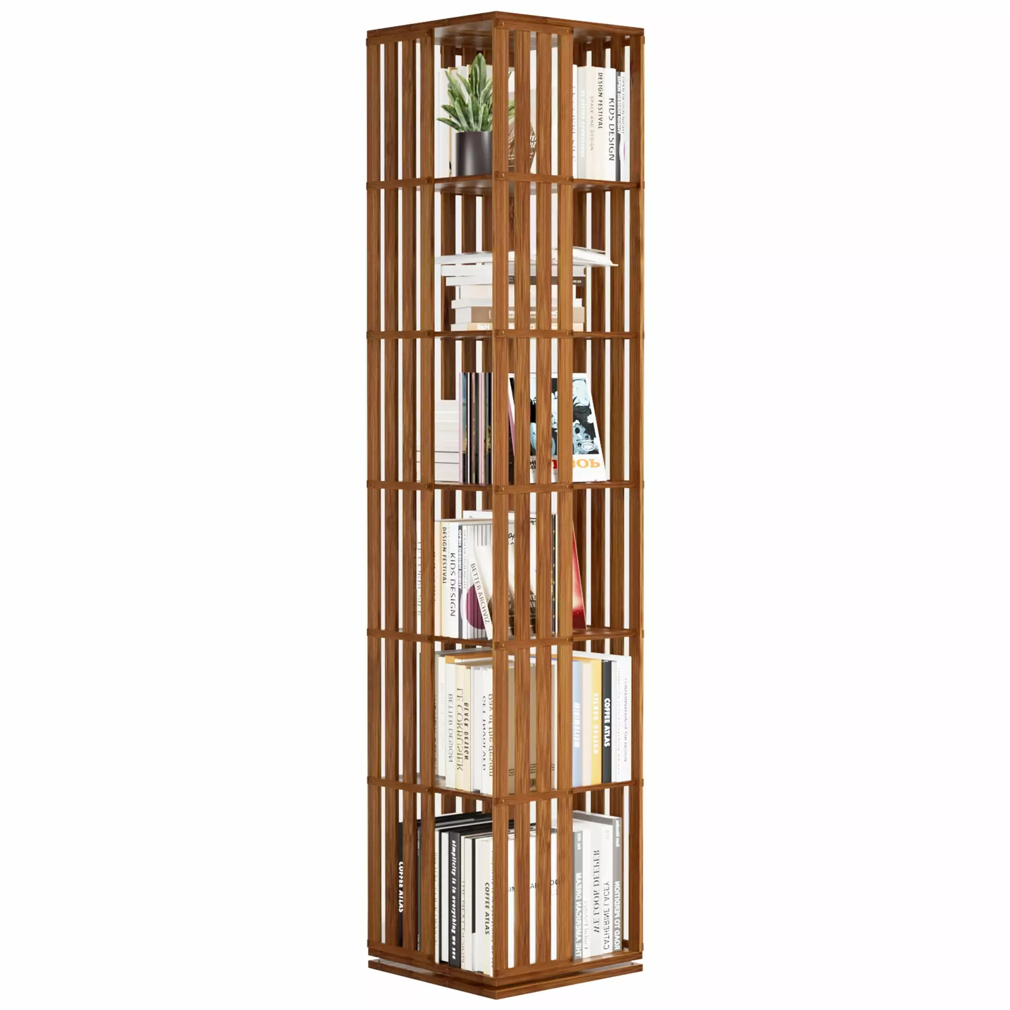 Yowos Bamboo 6-Tier Rotating Bookcase - 360-Degree Swivel Storage Shelf Hollow Design Kids & Adults - Walnut