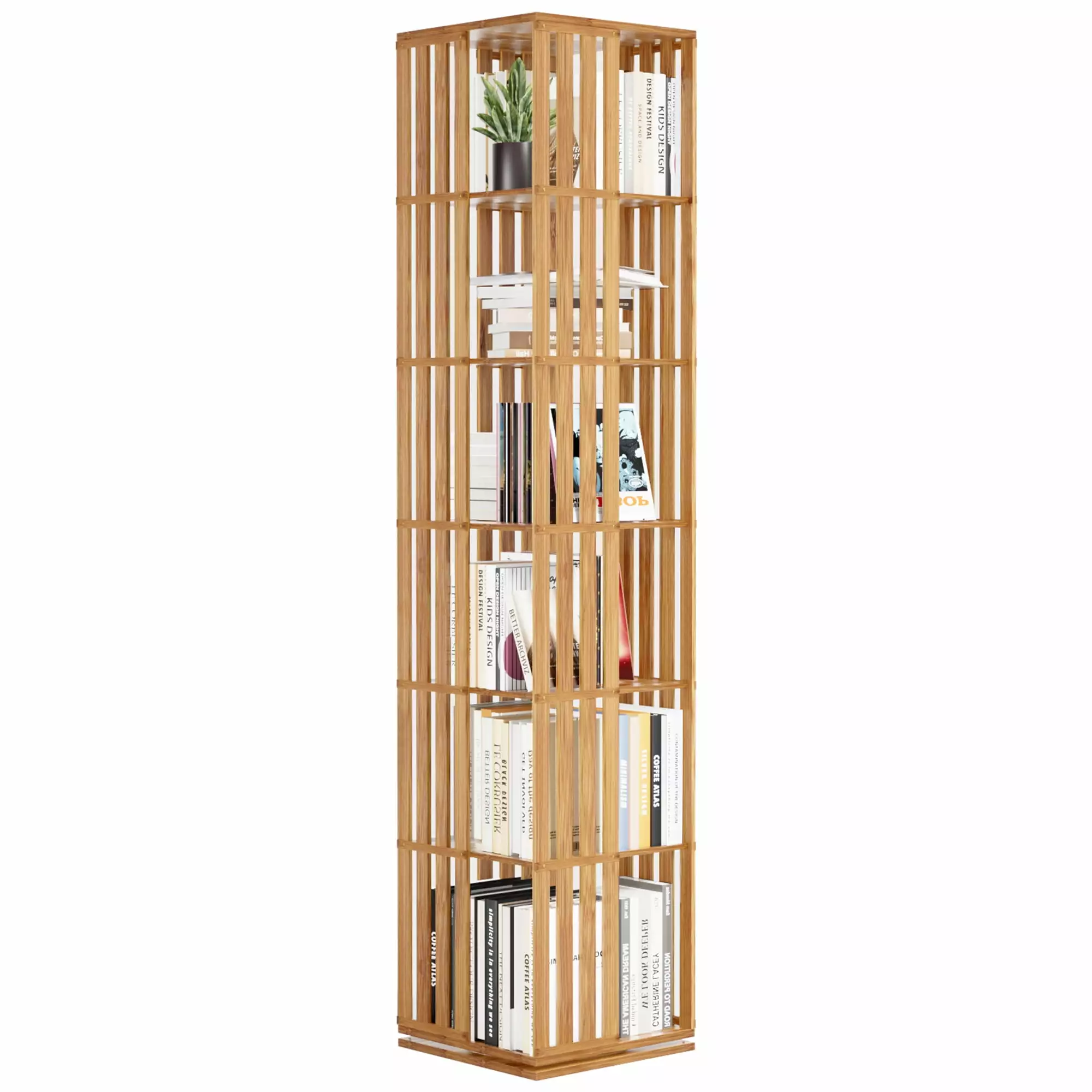YOWOS Bamboo 6-Tier Rotating Bookcase - 360-Degree Swivel Storage Shelf Hollow Design Kids & Adults - Natural