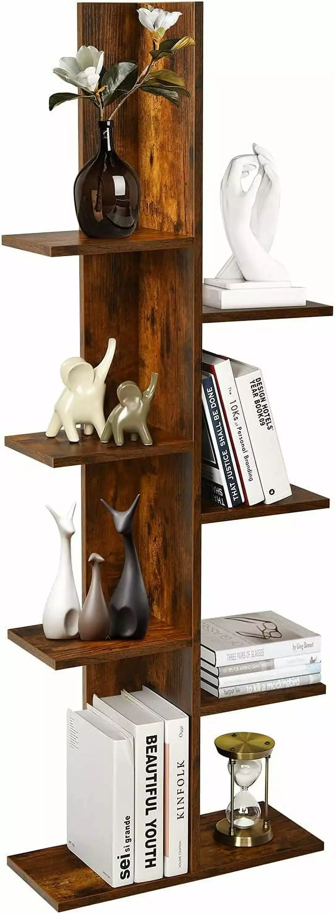 7-Tier Tall Freestanding Wood Tree Bookshelf Anti-toppling Modern Corner Shelf Books and Photos Brown NJ