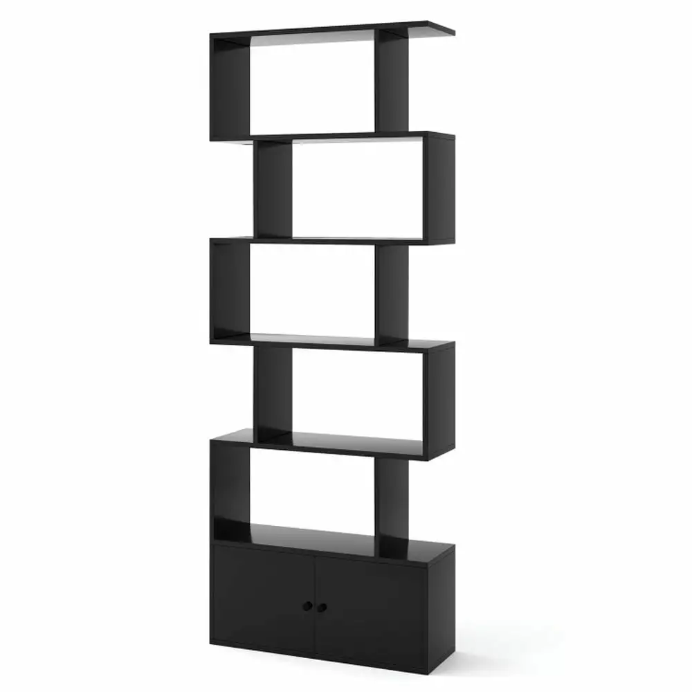 6 Tier S Shaped Freestanding Bookshelf Cabinet and Doors Corner Bookshelf Modern Book Case Books CDs Movies Topcobe