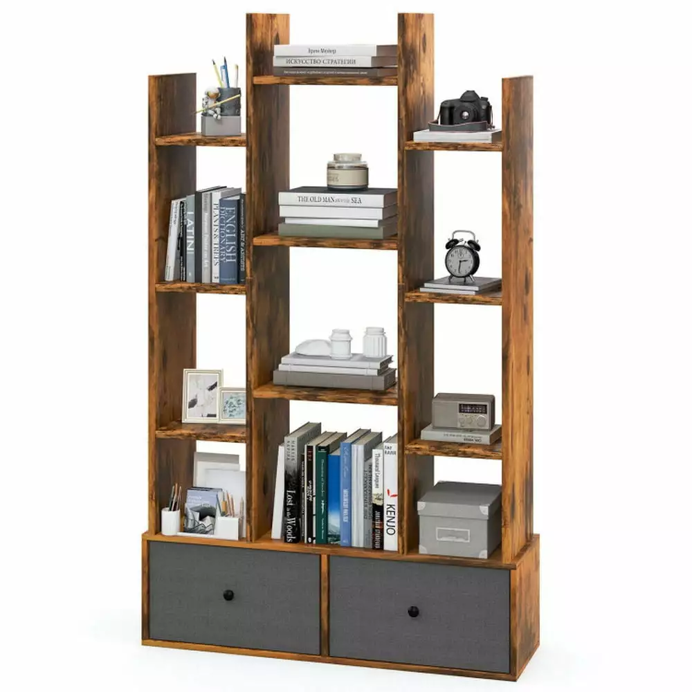 Topcobe 12-Tier Open-Back Freestanding Bookshelf Drawer Corner Storage Organizer Bedroom Home Office Brown