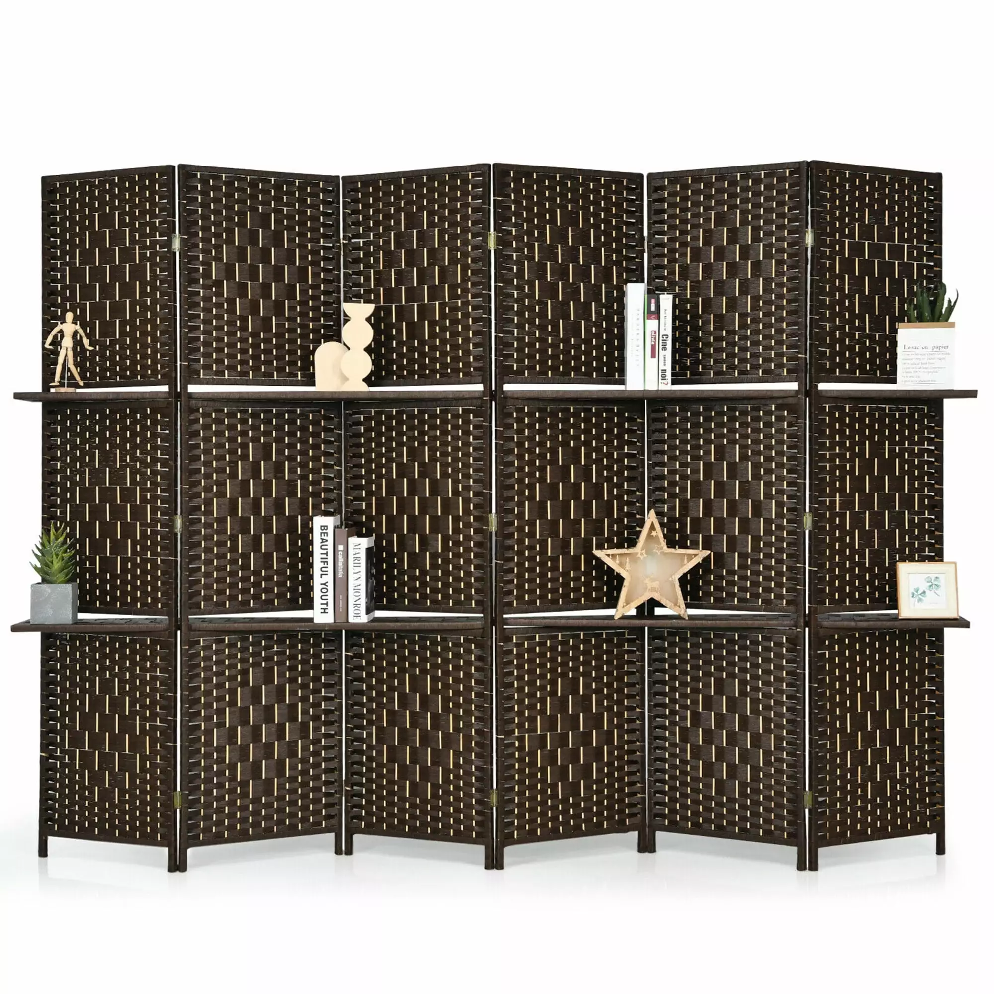 Gymax 6 Panel Folding Room Divider 2 Display Shelves Brown Weave Fiber Screen 6Ft Tall