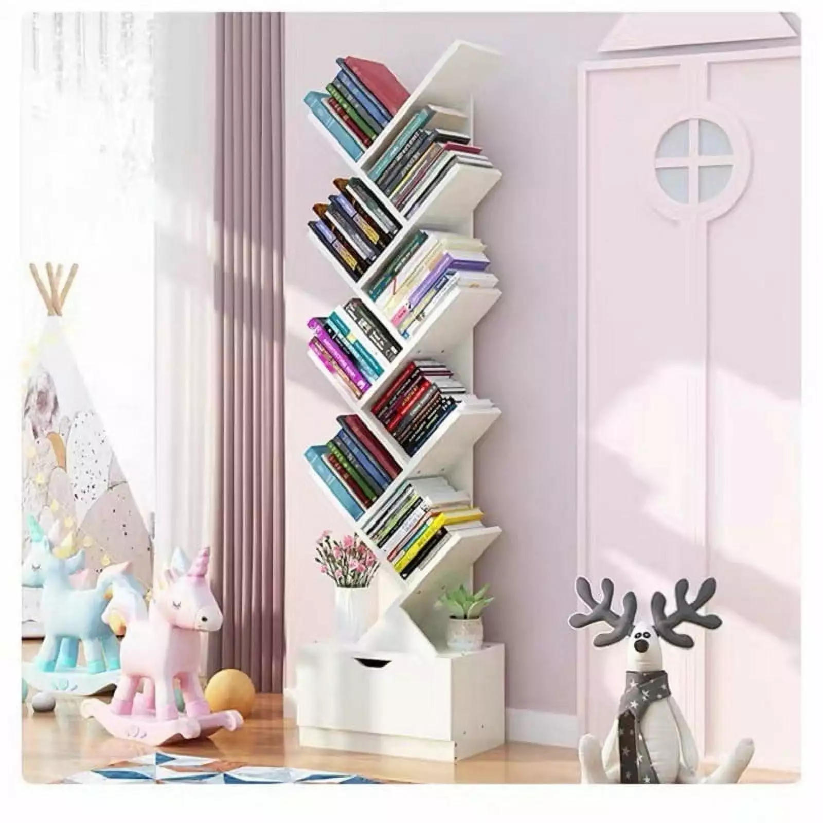 10 Tier Tree Style Bookshelf Free Standing Multi-Purpose Wooden Book Rack Home Office Esaathings