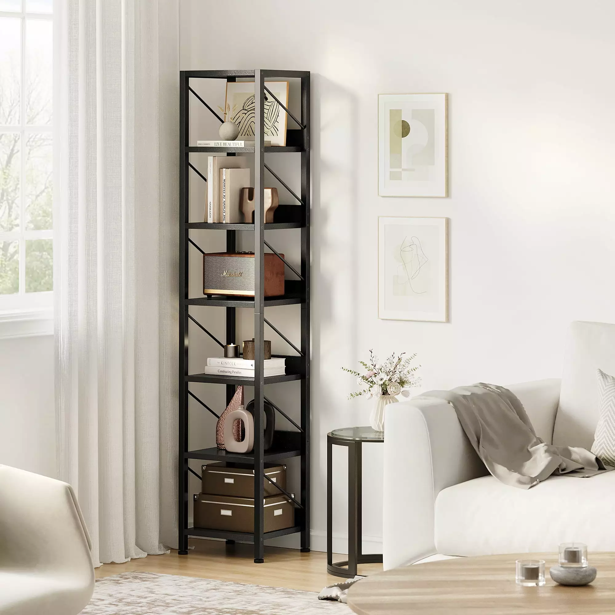 Narrow Bookshelf Tall Skinny Bookcase 6 Tier Storage Rack Rustic Corner Shelf Metal Frame Small Freestanding Bookshelves H...