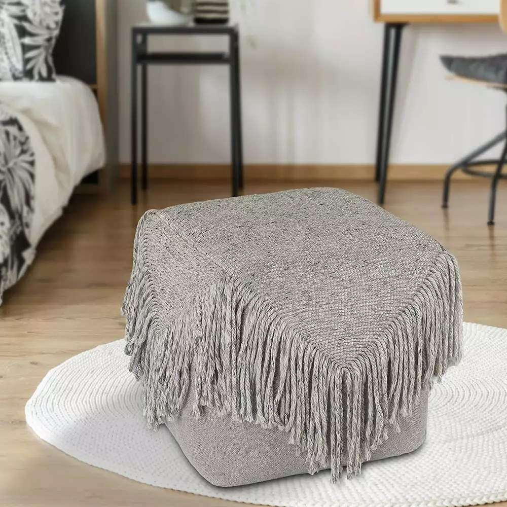 LR Home Medium Fringe Solid Indoor Square Pouf Gray 18x18x18 Footrest