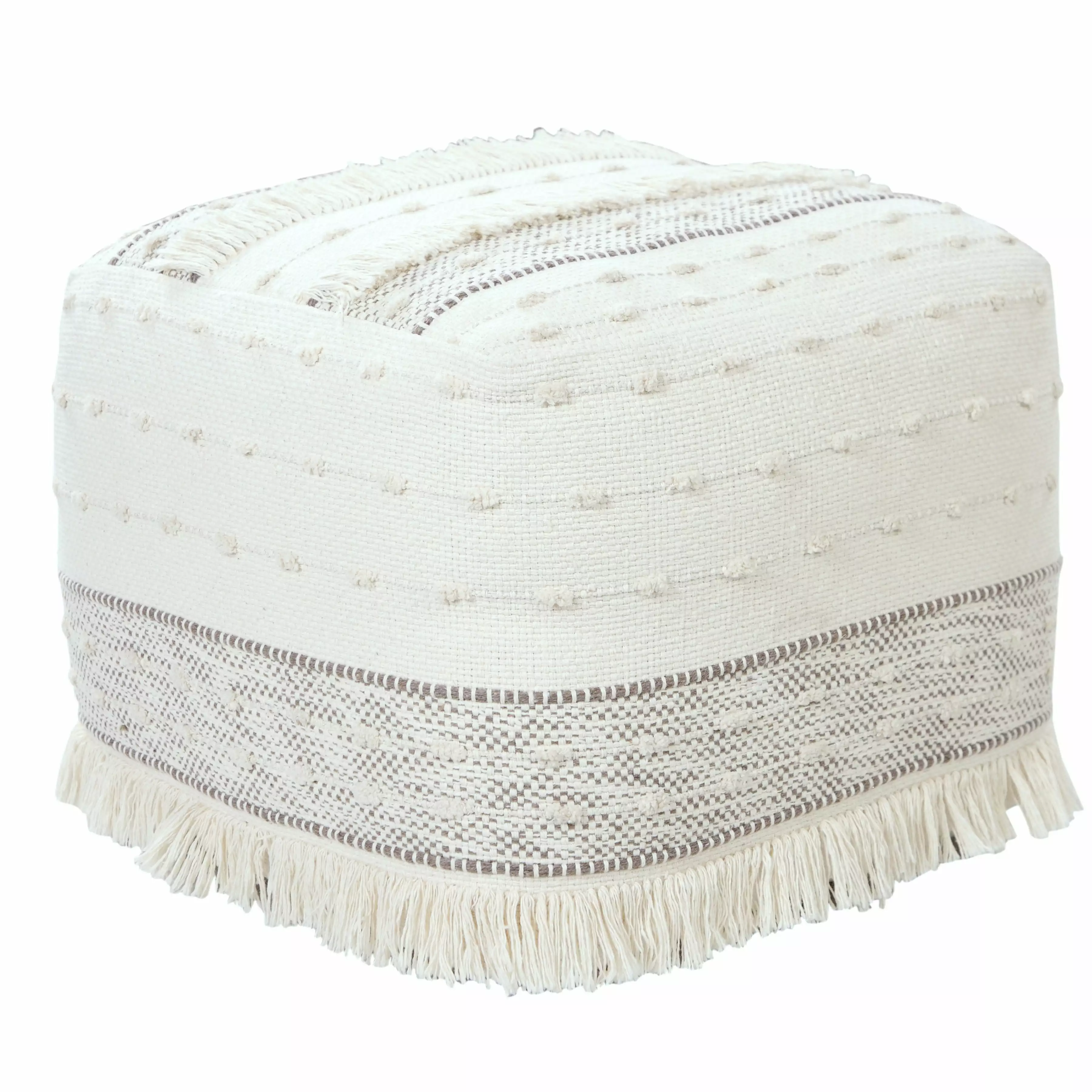 LR Home Small Fringe Striped Indoor Square Pouf Ivory Brown 18 x 18 x 14 Boho Accent Footrest