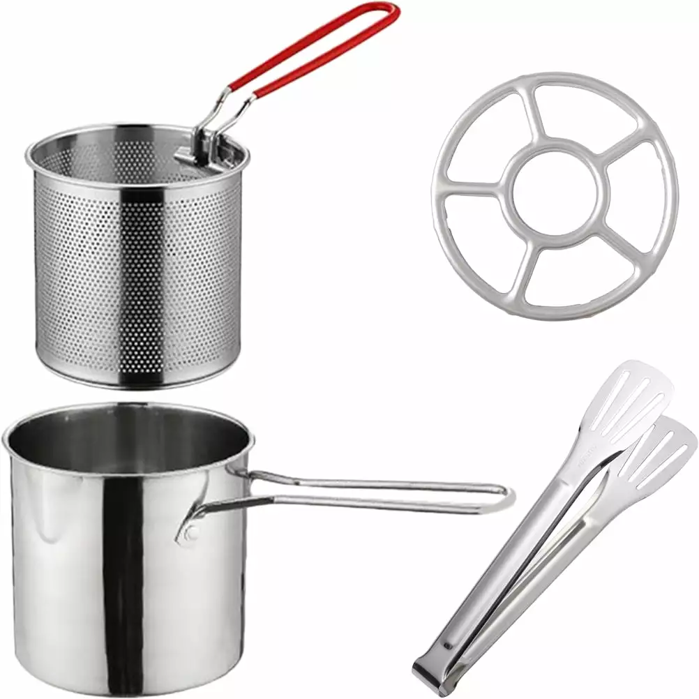 Stainless Steel Fryer Pot Set Tong and Stove Ring Home Kitchen WynBing