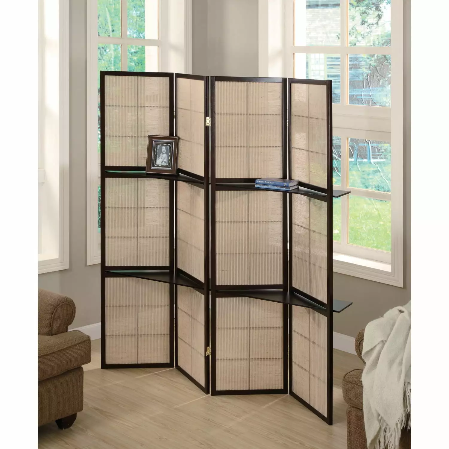 Benzara Chic Four Panel Folding Screen Shelves Brown Benjara