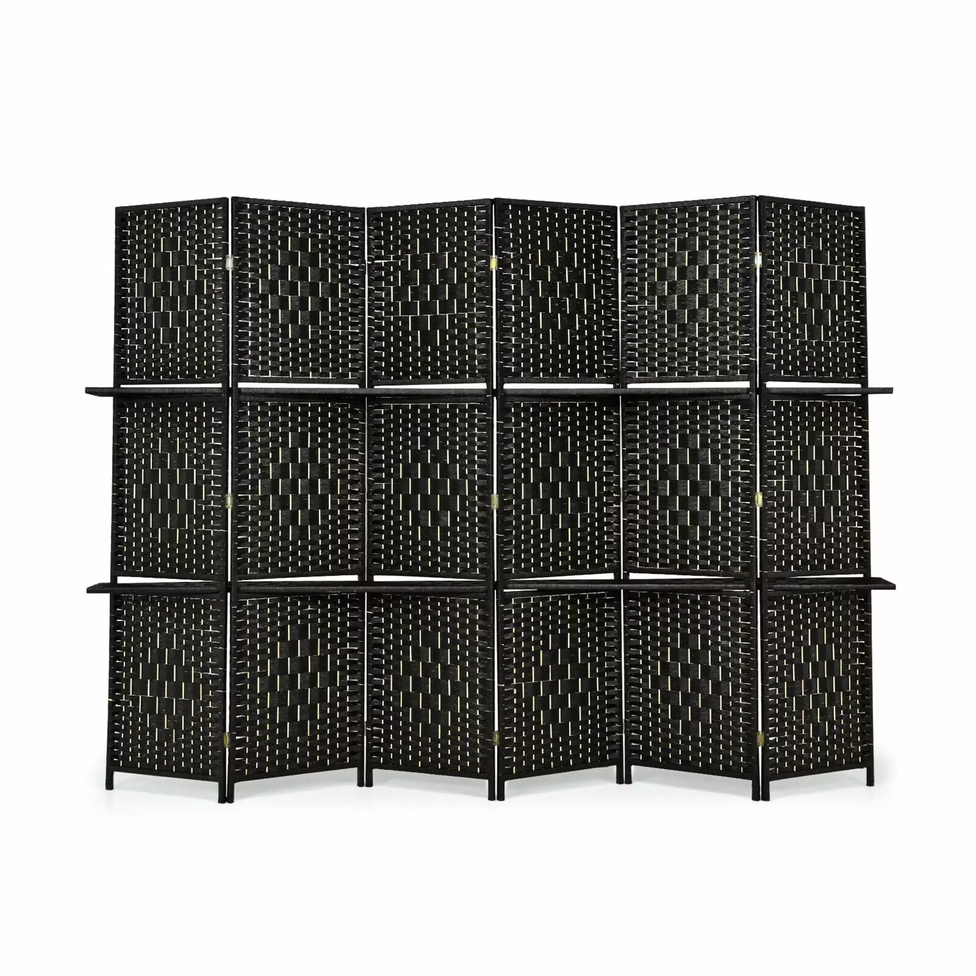 Gymax 6 Panel Folding Room Divider 6Ft Weave Fiber Privacy Screen 2 Display Shelves Black