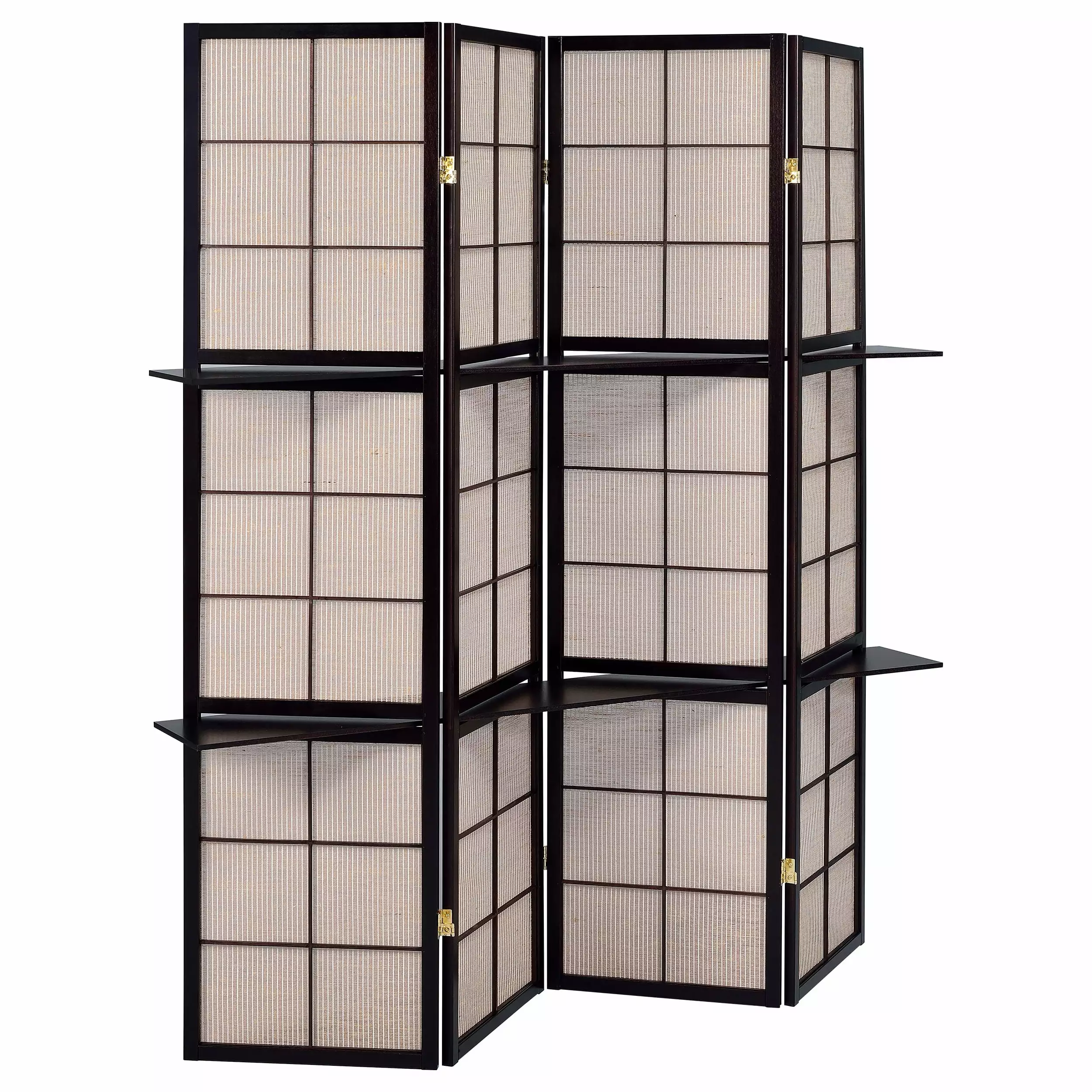 Iggy 4 Panel Folding Screen Removable Shelves Tan and Cappuccino Modon