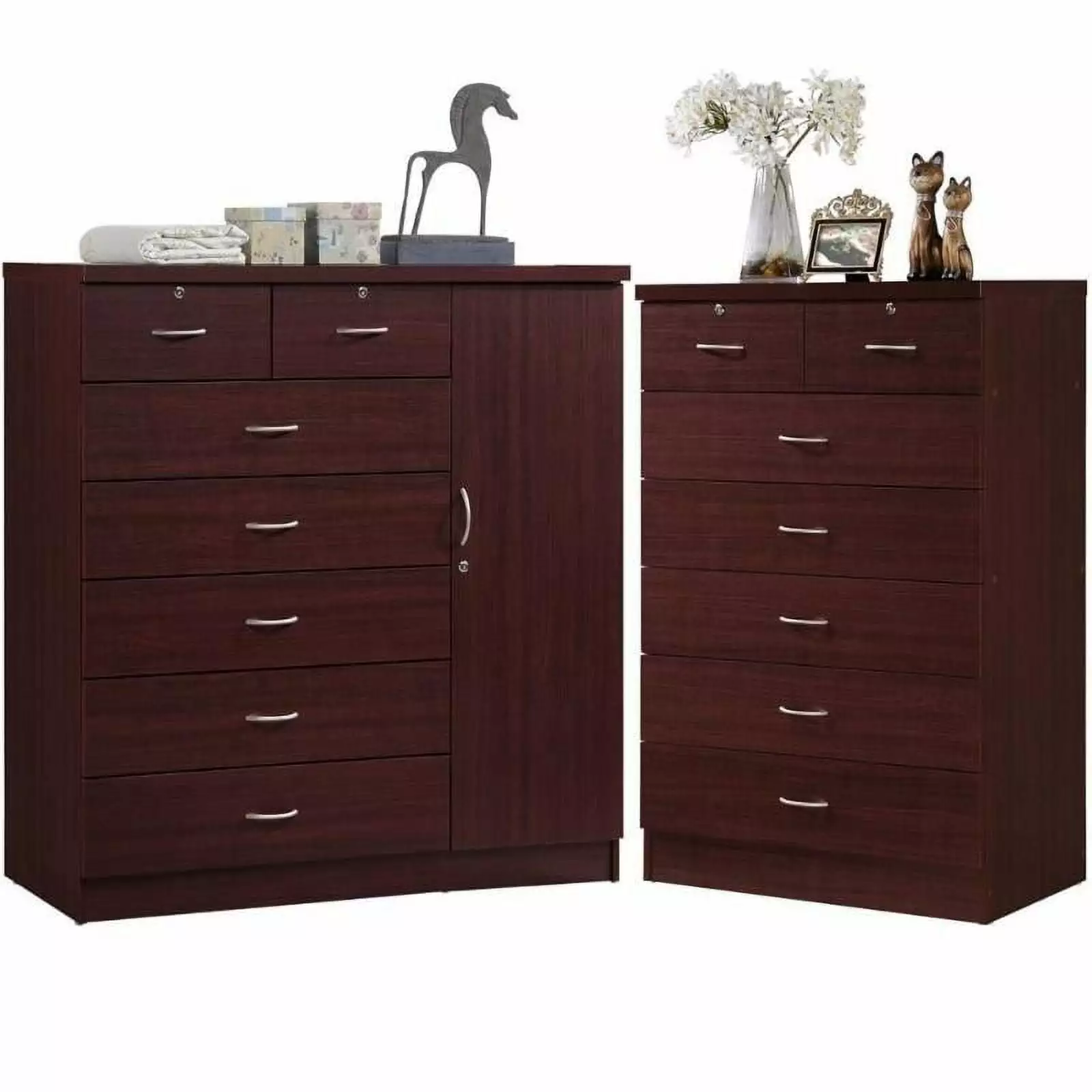 Home Square Hodedah 2 Piece 7 Drawer Wood Chest Set Locks Mahogany - Bedroom Furniture Set