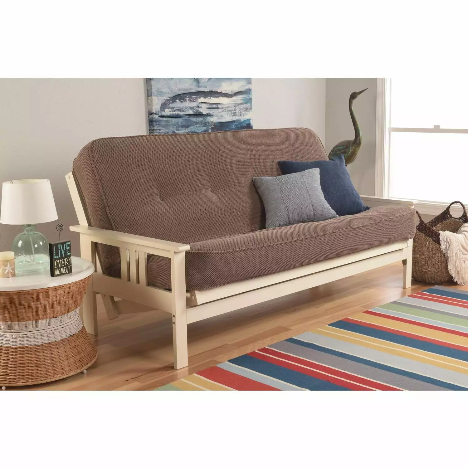 Homestock French Country Futon Frame Antique White Finish Marmont Mocha Mattress Futons