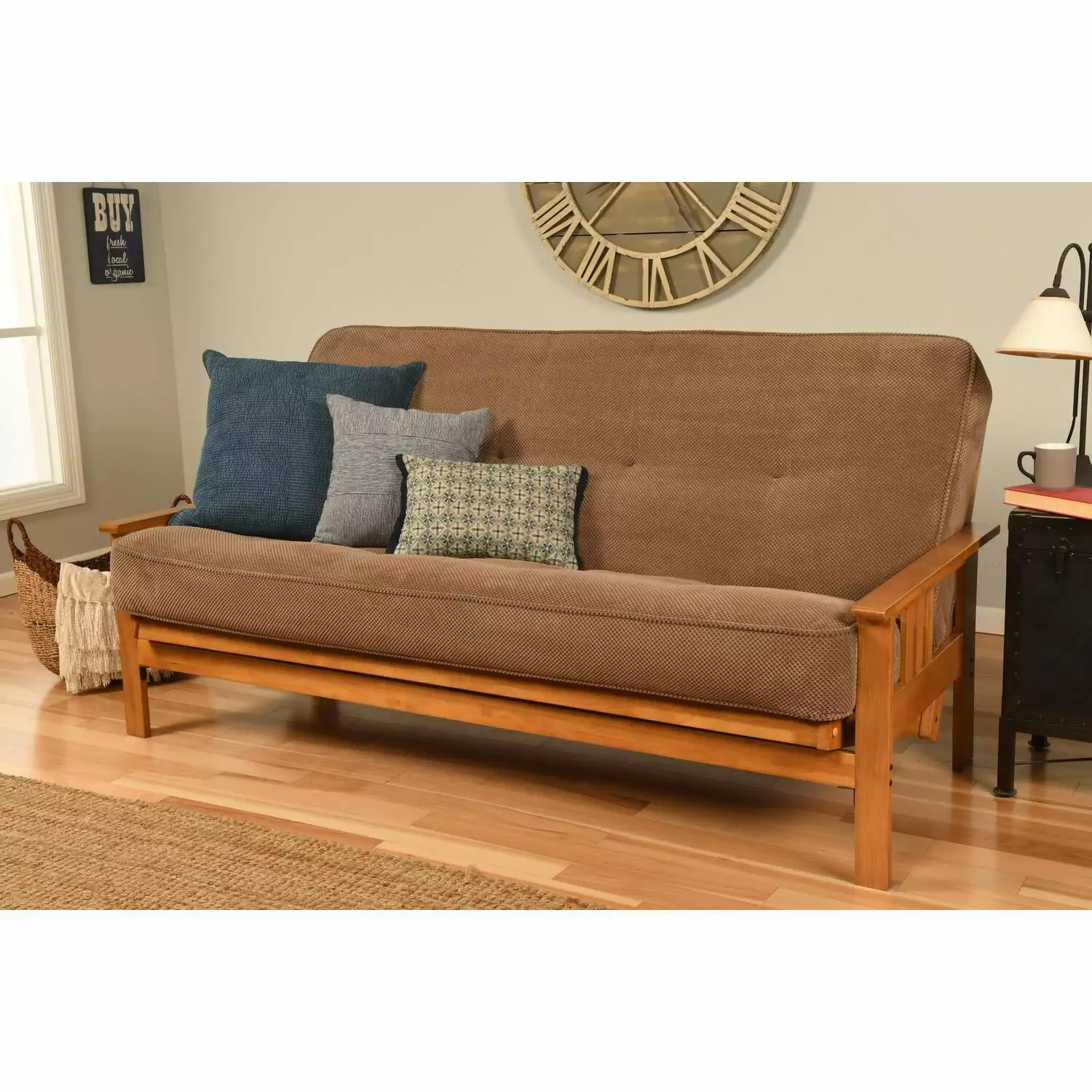Homestock Global Greatness Futon Frame Butternut Finish Marmont Mocha Mattress Futons