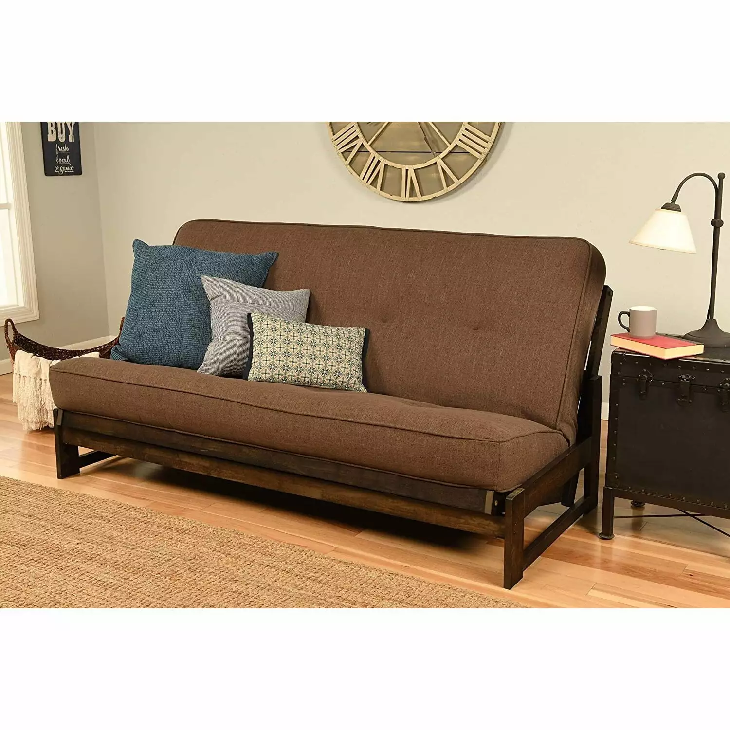 Homestock Rustic Retreat Futon Frame Linen Cocoa Mattress Reclaimed Mocha Finish Futons