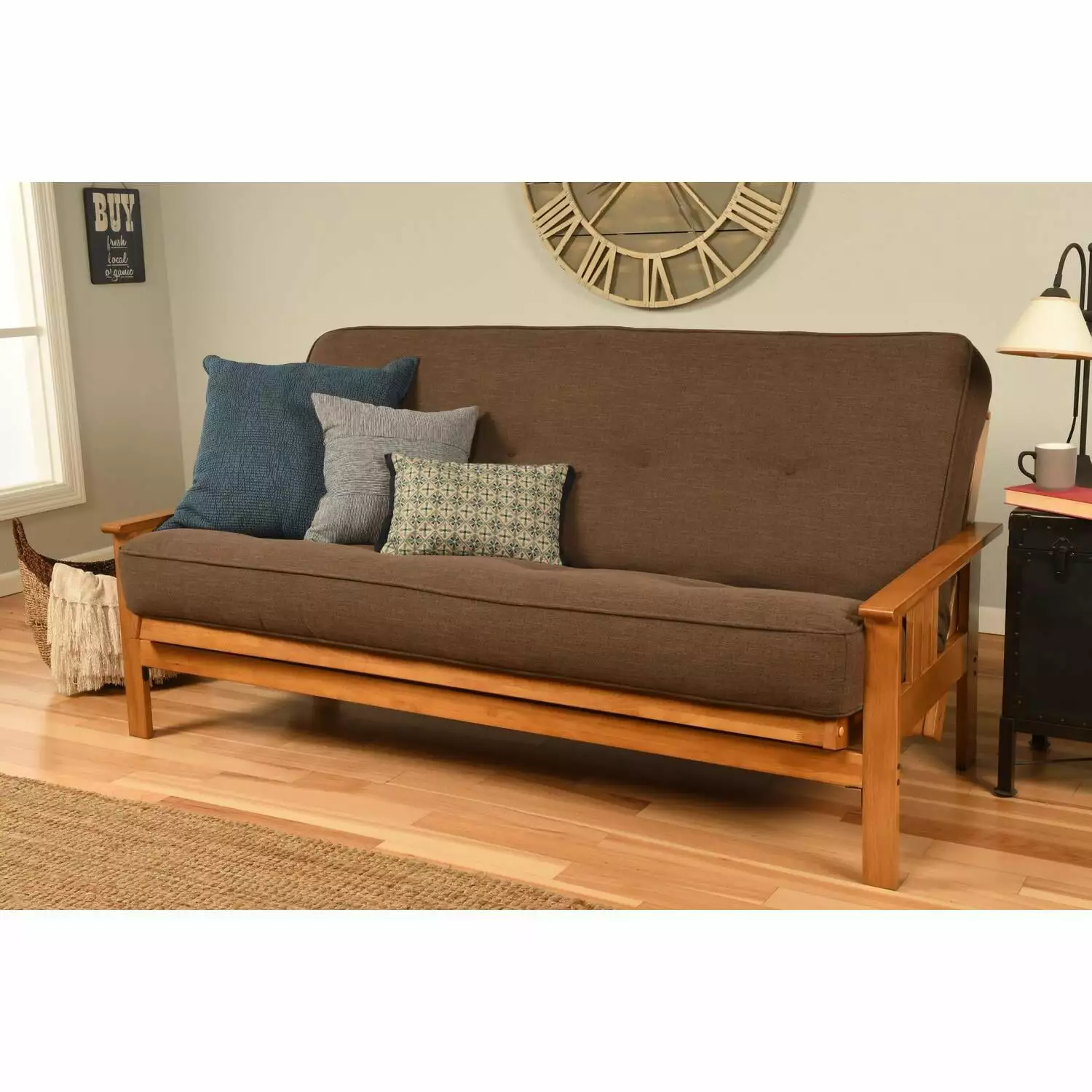 Homestock Sophisticated Simplicity Futon Frame Butternut Finish Linen Cocoa Mattress Futons