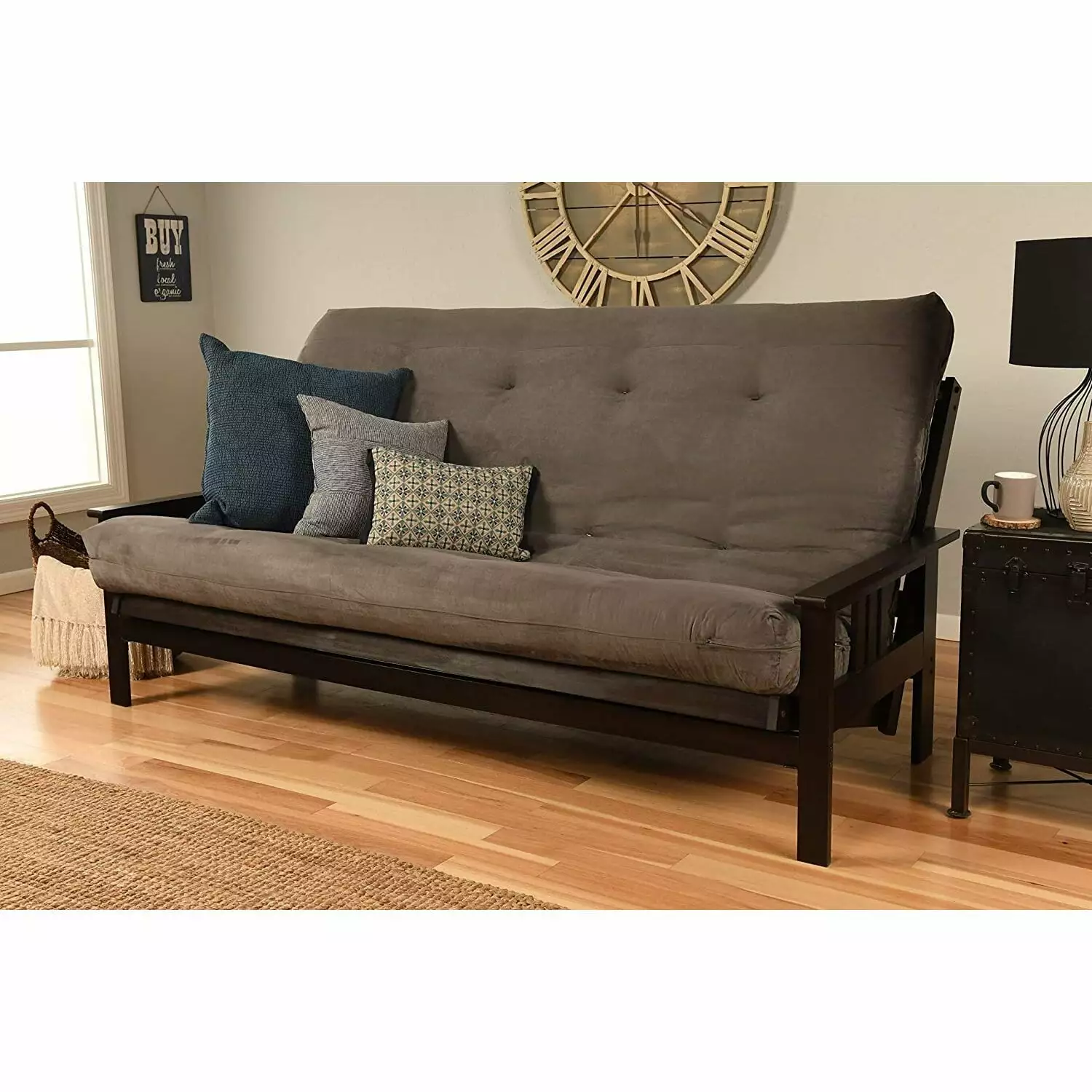 Homestock Suburban Soiree Futon Frame Queen Espresso Finish Suede Gray Mattress Futons