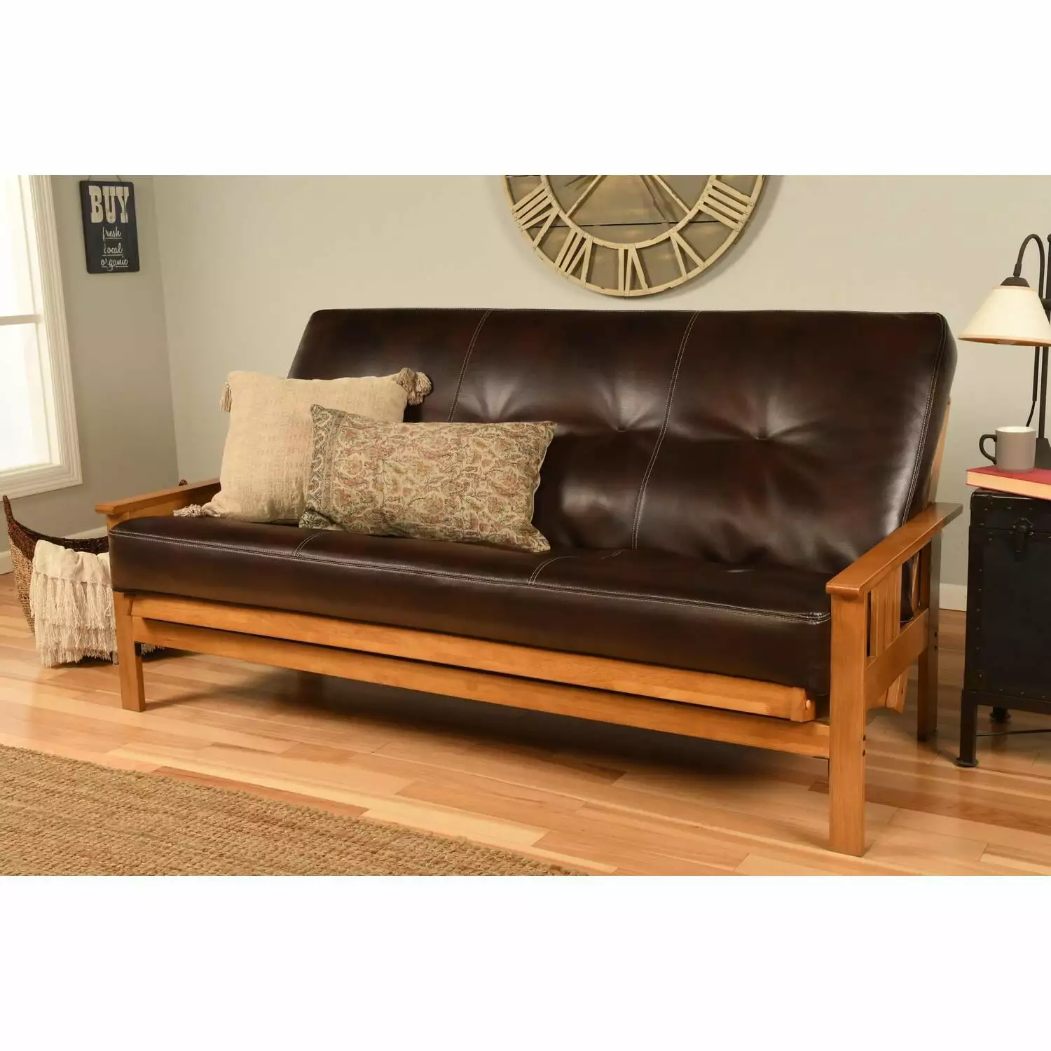 Homestock Victorian Vibes Futon Frame Butternut Finish Oregon Trail Java Mattress Futons