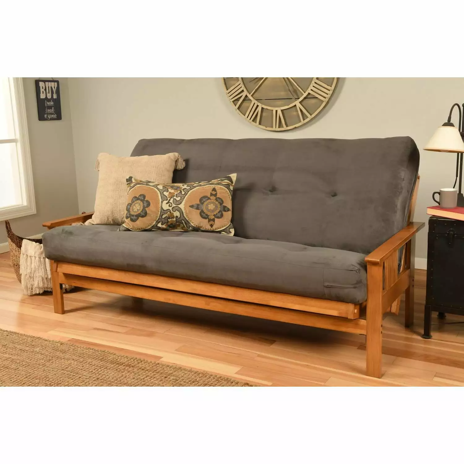 Maykoosh Mid-Century Marvel Futon Frame Butternut Finish and Suede Gray Mattress Futons