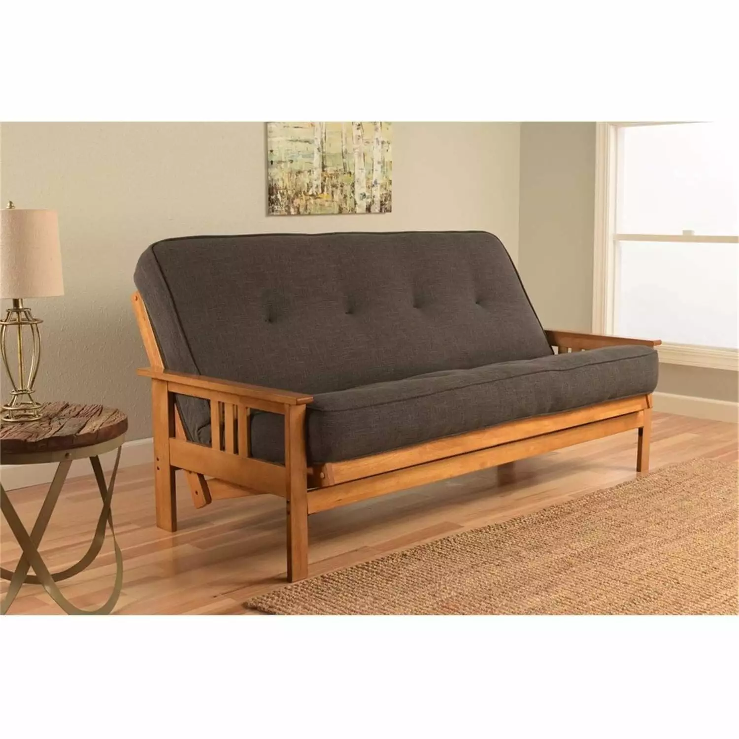Homestock Earthy Elegance Futon Frame Butternut Finish and Linen Charcoal Full Size Mattress Futons