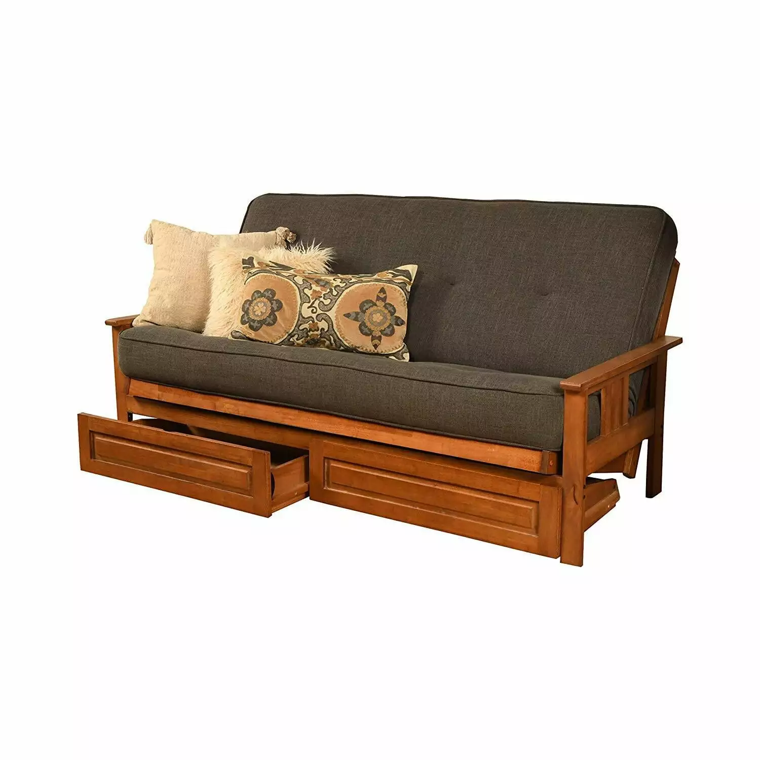 Homestock Eclectic Elegance Full Futon Frame Storage Drawers - Barbados/Gray Linen Charcoal Mattress Futons