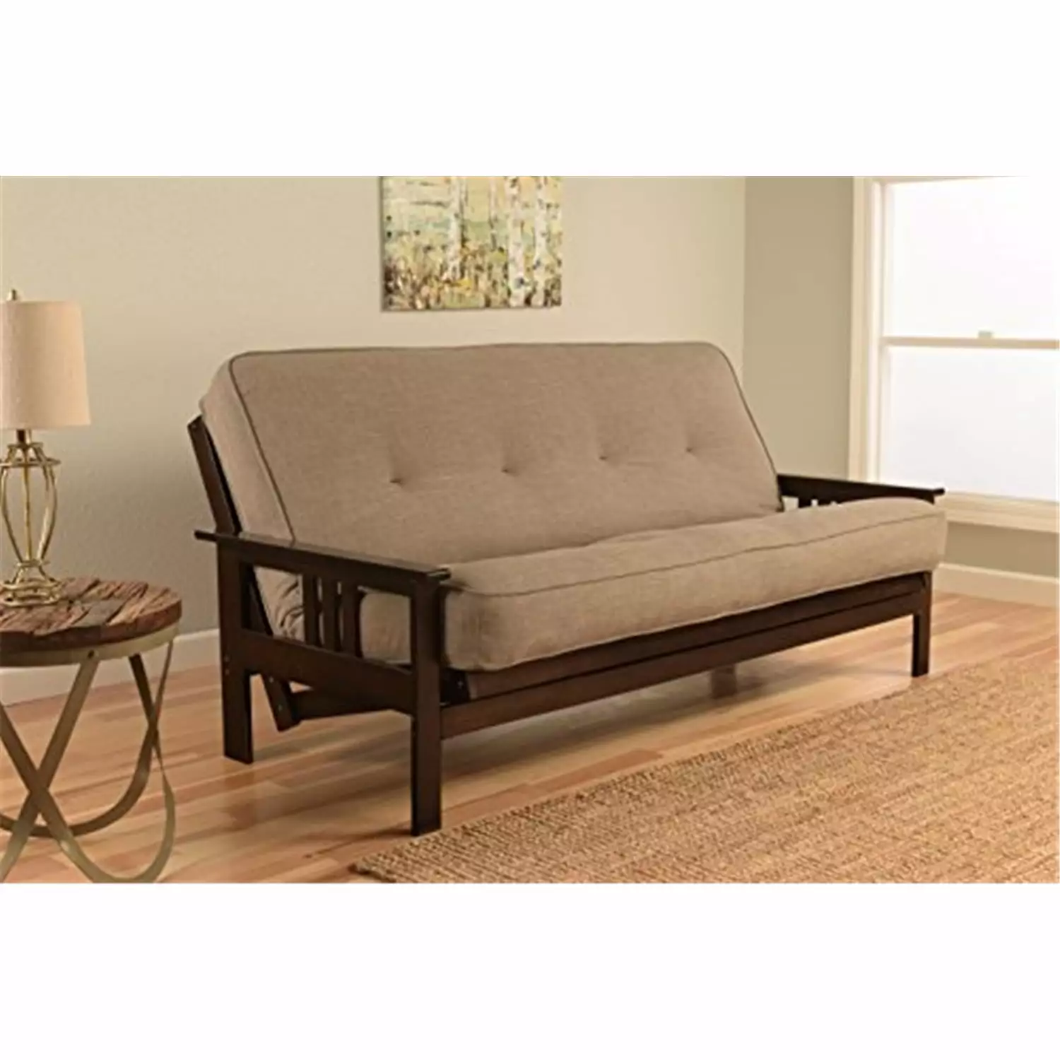 Homestock Eclectic Escape Futon Frame Espresso Finish and Linen Stone Mattress Futons