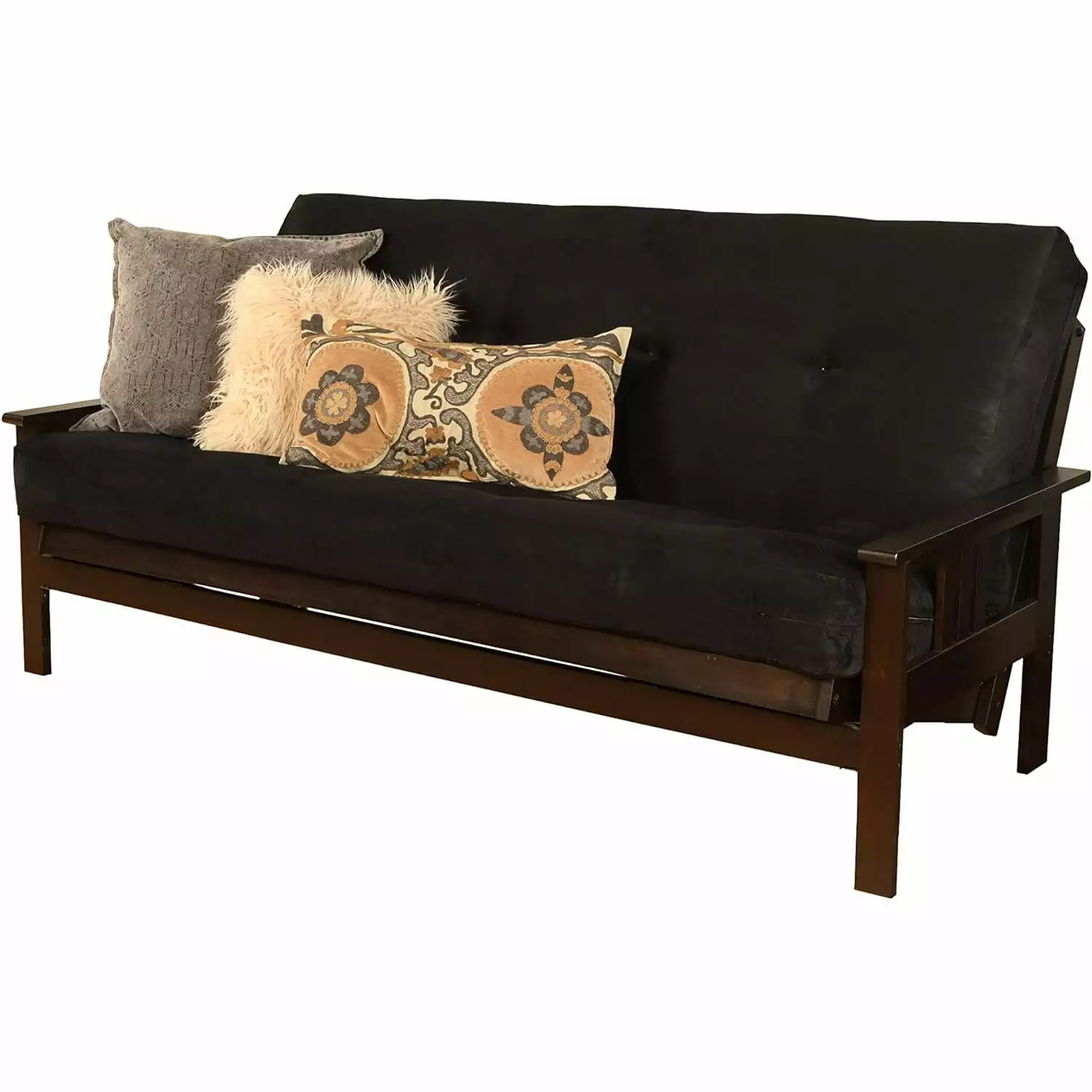 Homestock Elegant Escape Futon Frame Espresso Finish and Suede Black Mattress Futons